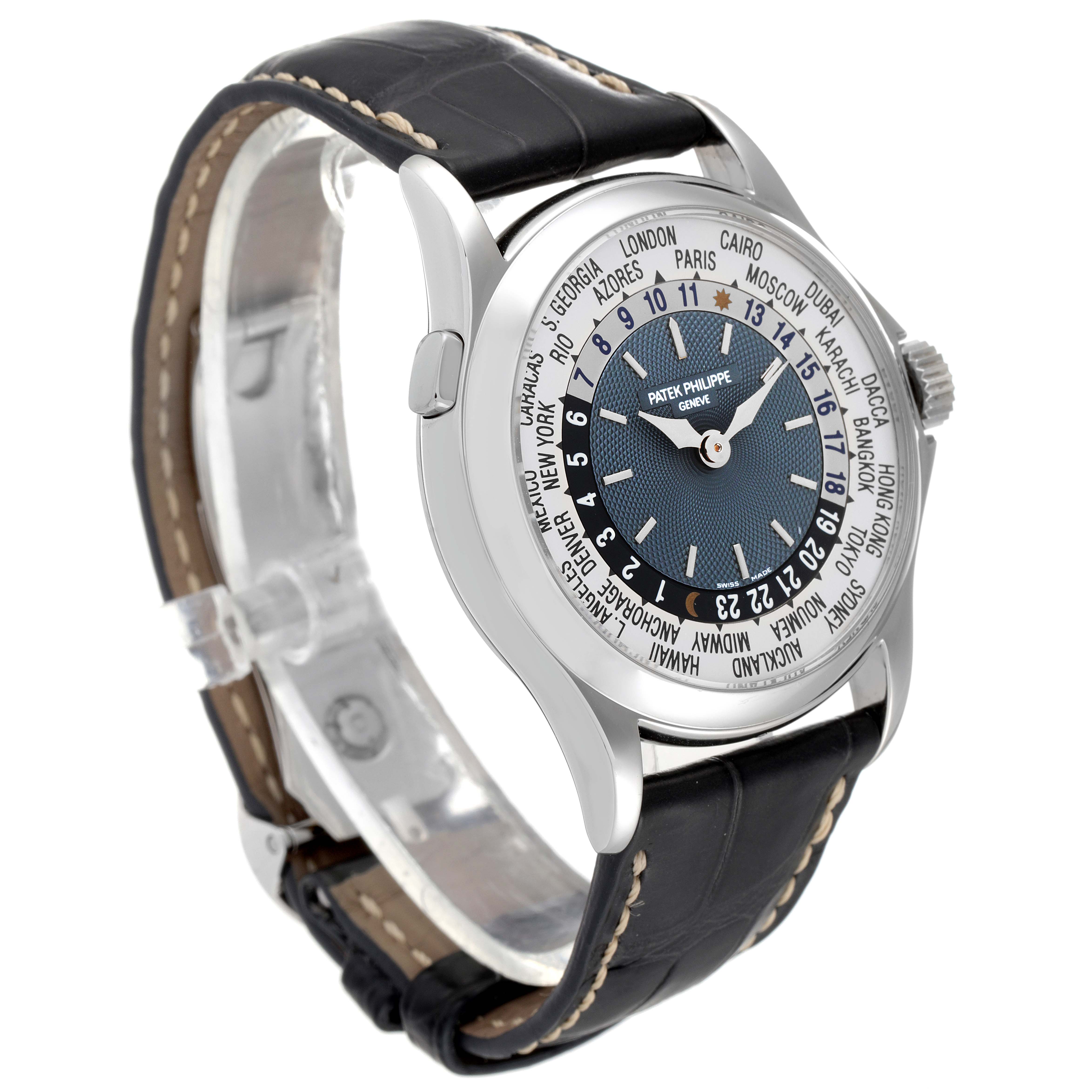 The image shows a side-angled view of the Patek Philippe Complications 5110P-001 Men's Platinum Silver Dial 5110P-001 Men's Platinum Silver Dial watch, featuring the dial, case, and leather strap.