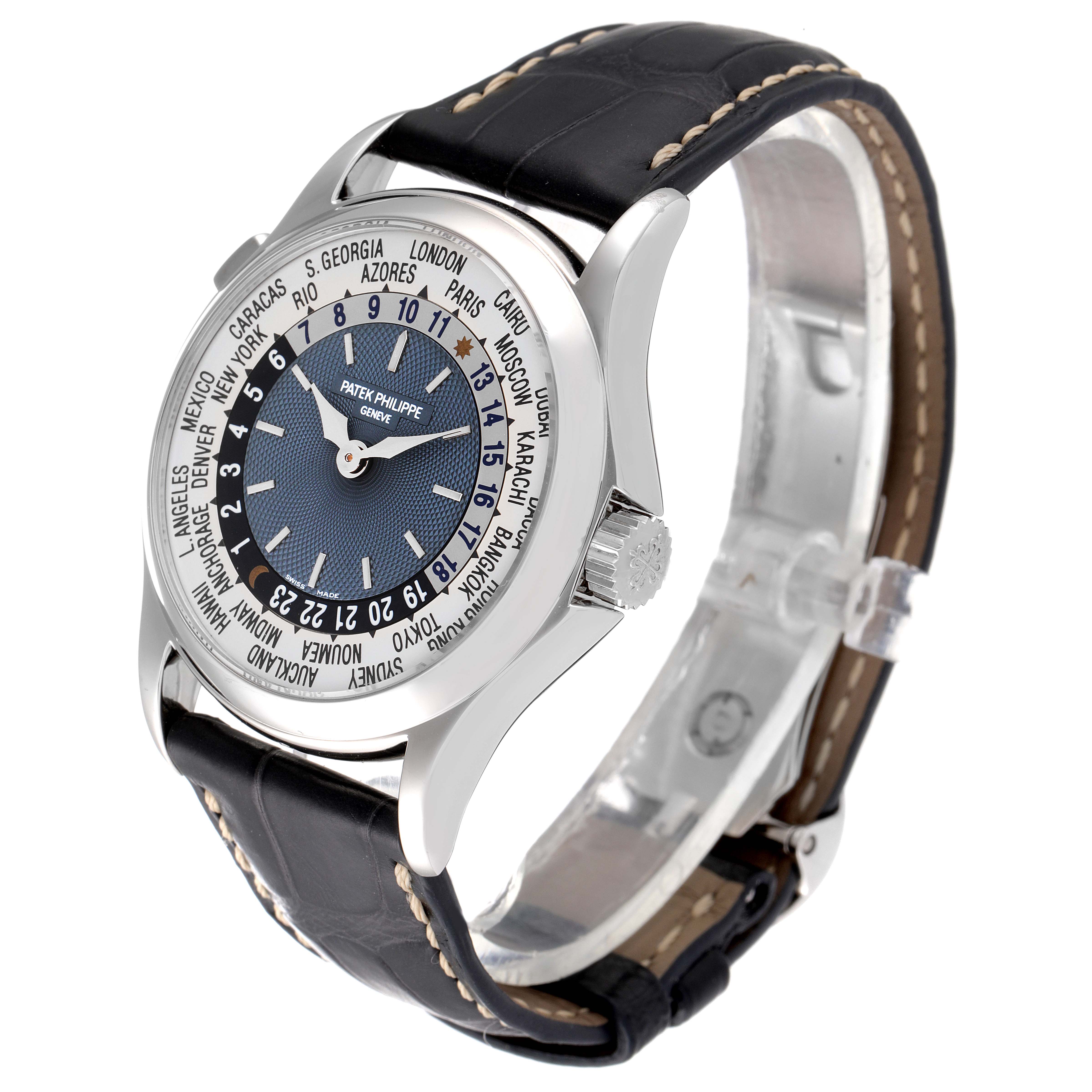 The image shows a side angle of the Patek Philippe Complications 5110P-001 Men's Platinum Silver Dial 5110P-001 Men's Platinum Silver Dial model watch, displaying the dial, crown, and leather strap.