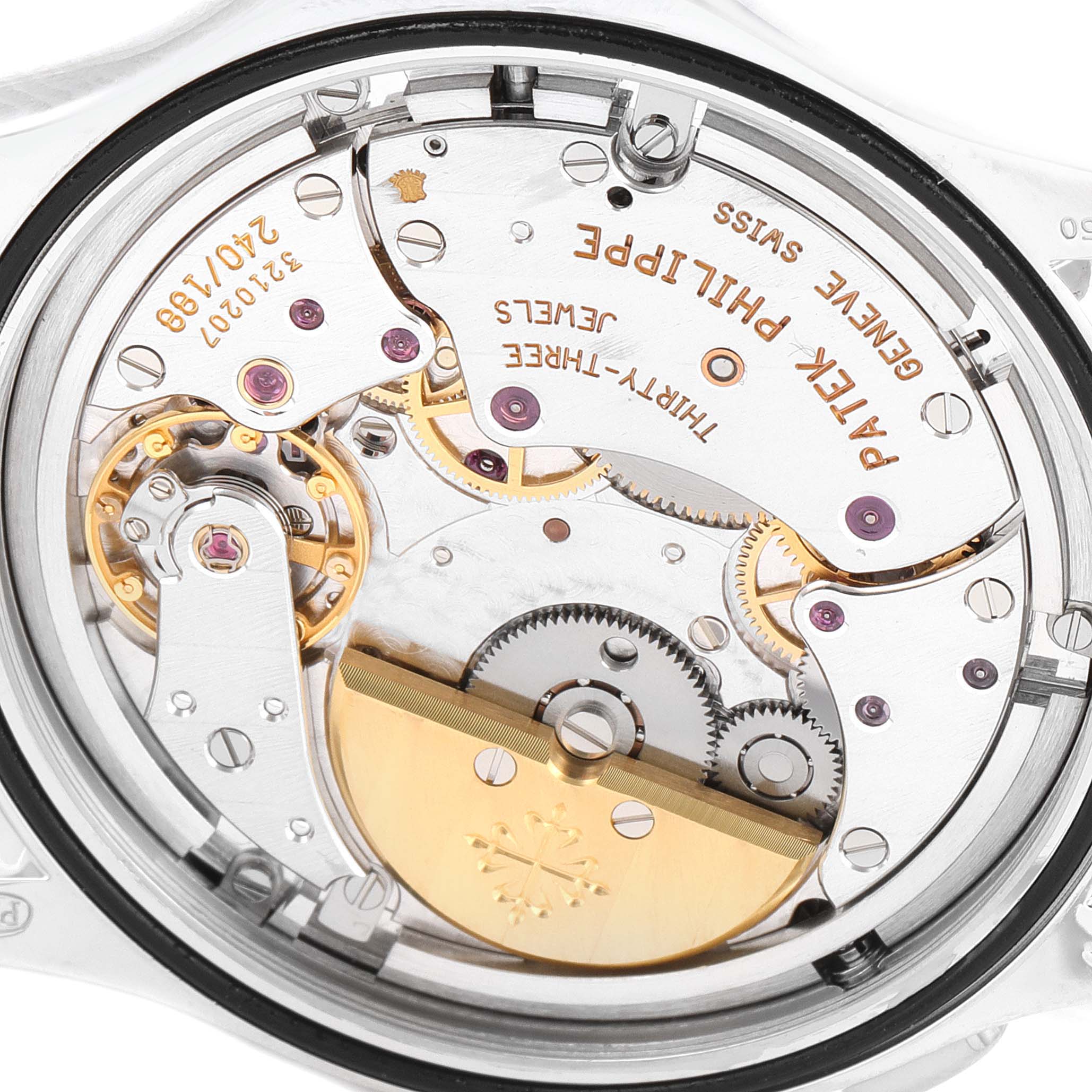 This image shows a detailed, close-up view of the movement of a Patek Philippe Complications 5110P-001 Men's Platinum Silver Dial 5110P-001 Men's Platinum Silver Dial watch.