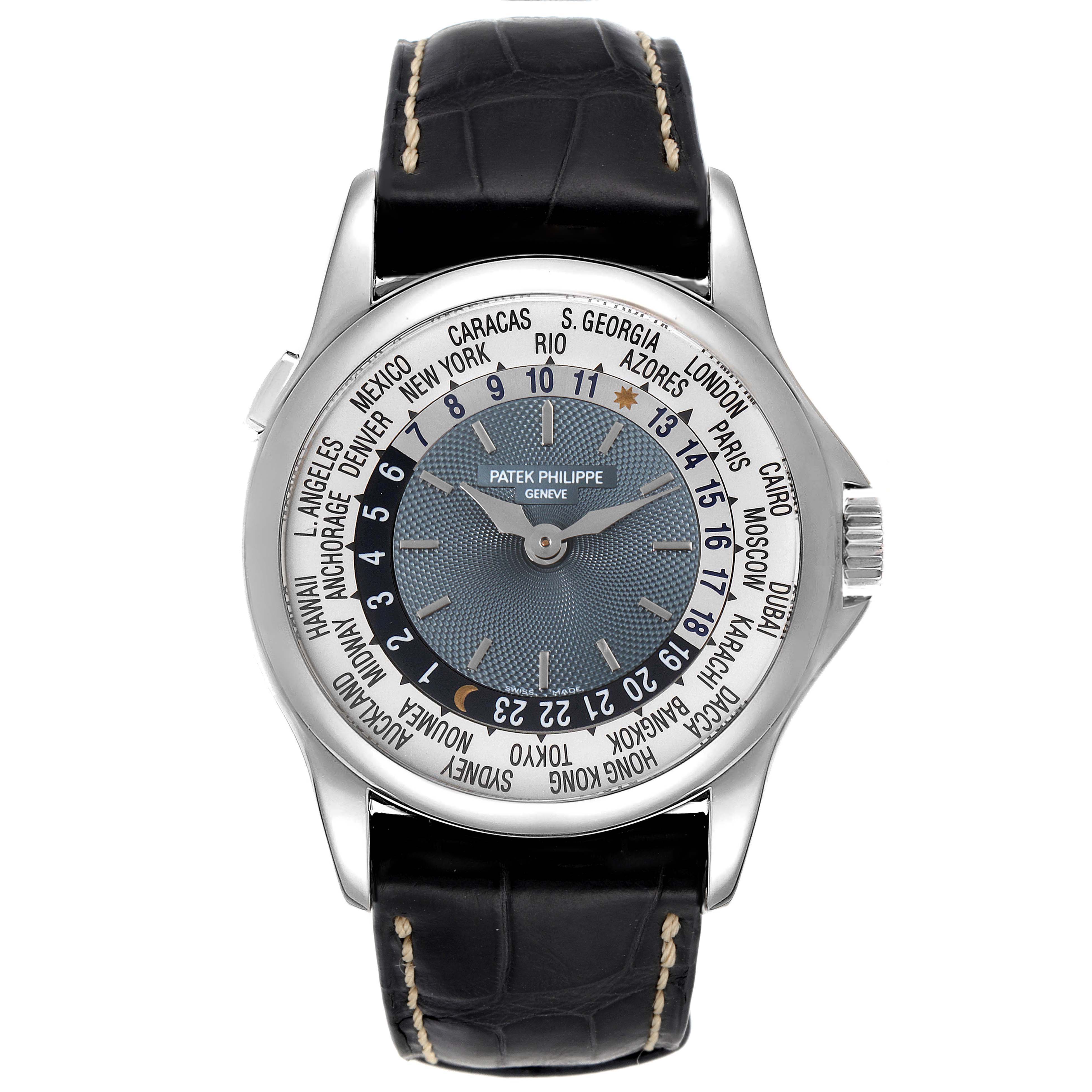 The image shows a front view of the Patek Philippe Complications 5110P-001 Men's Platinum Silver Dial 5110P-001 Men's Platinum Silver Dial model, highlighting its face, dial, and black leather strap.