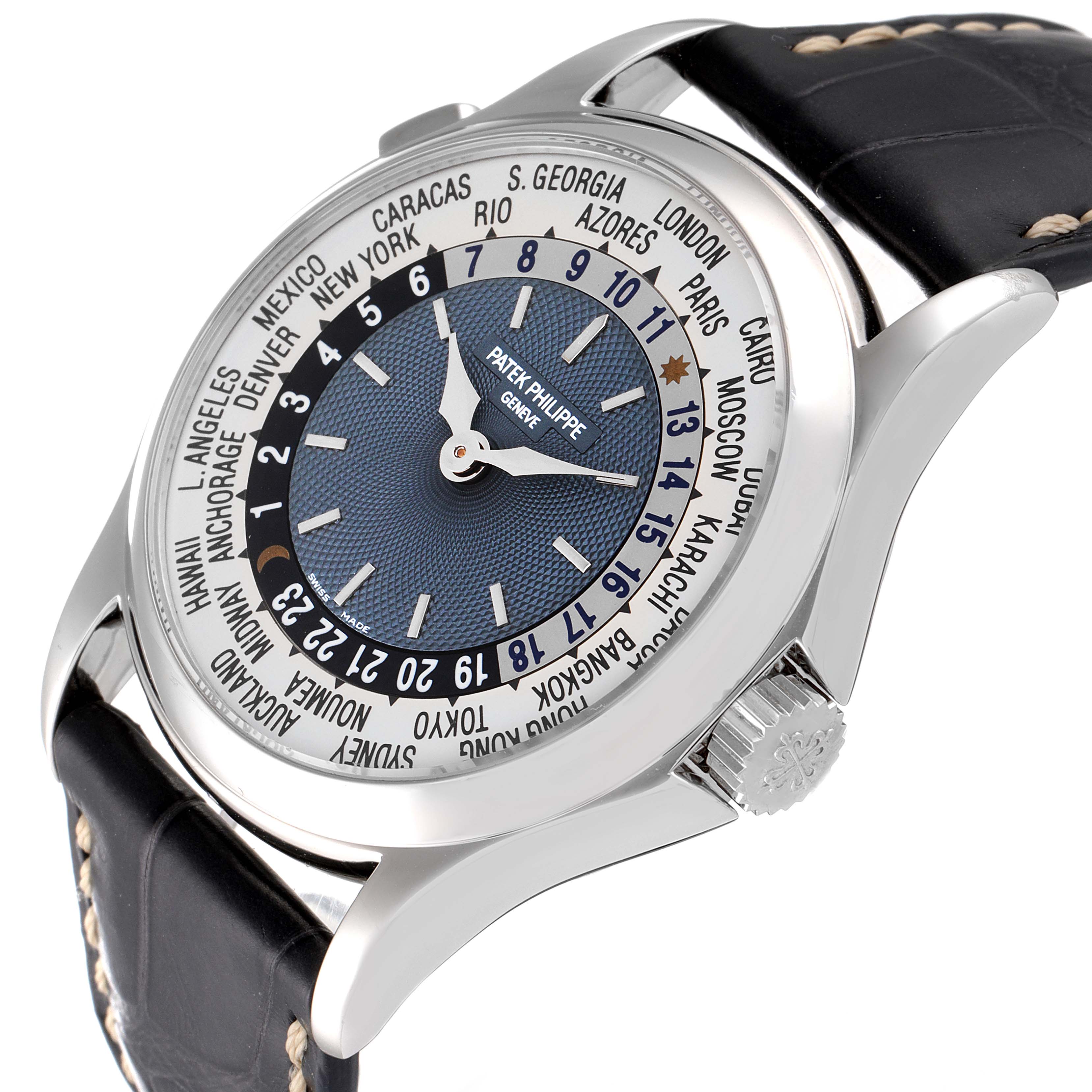 The image shows a side angle of the Patek Philippe Complications 5110P-001 Men's Platinum Silver Dial 5110P-001 Men's Platinum Silver Dial watch, highlighting the dial, case, crown, and leather strap.