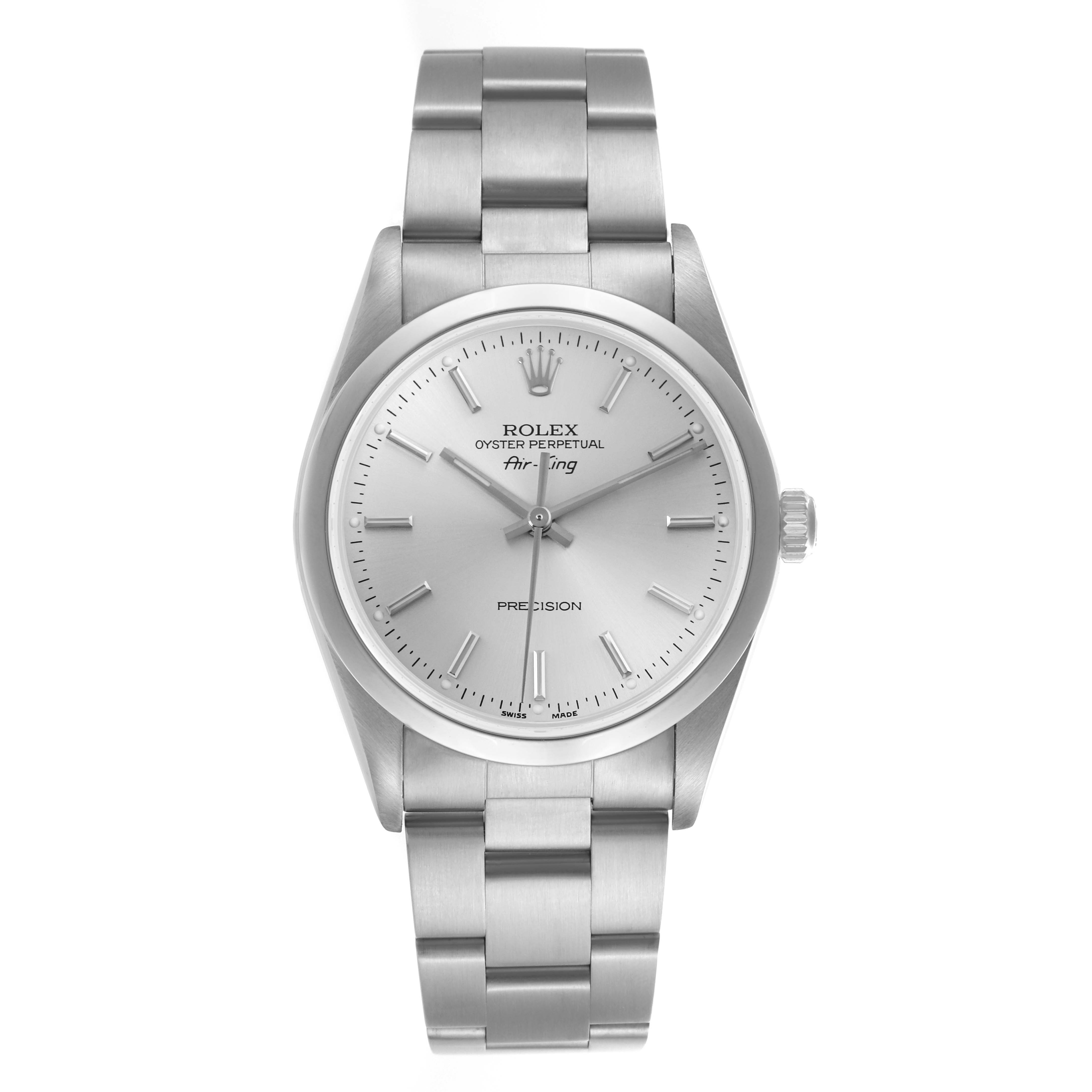 The Rolex Air-King 14000M Men's Stainless Steel Silver Dial 14000M Men's Stainless Steel Silver Dial watch is shown from a front angle, displaying the face, hands, bezel, and bracelet clearly.