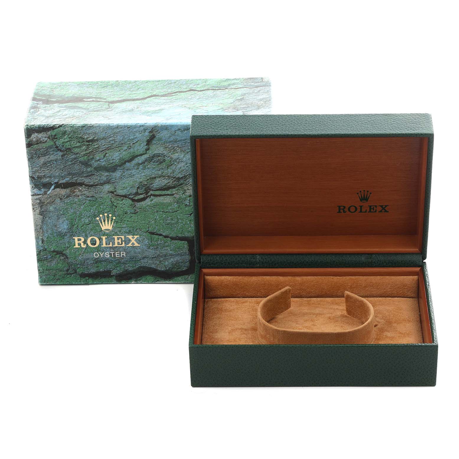 The image shows an open Rolex box for the Air-King model, displaying the interior lining and cushion.