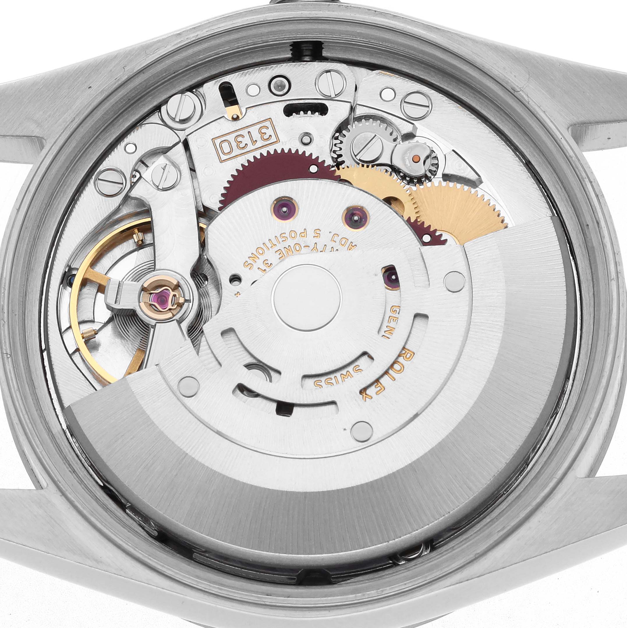 The image shows the back view of a Rolex Air-King 14000M Men's Stainless Steel Silver Dial 14000M Men's Stainless Steel Silver Dial watch, highlighting its intricate mechanical movement and internal components.