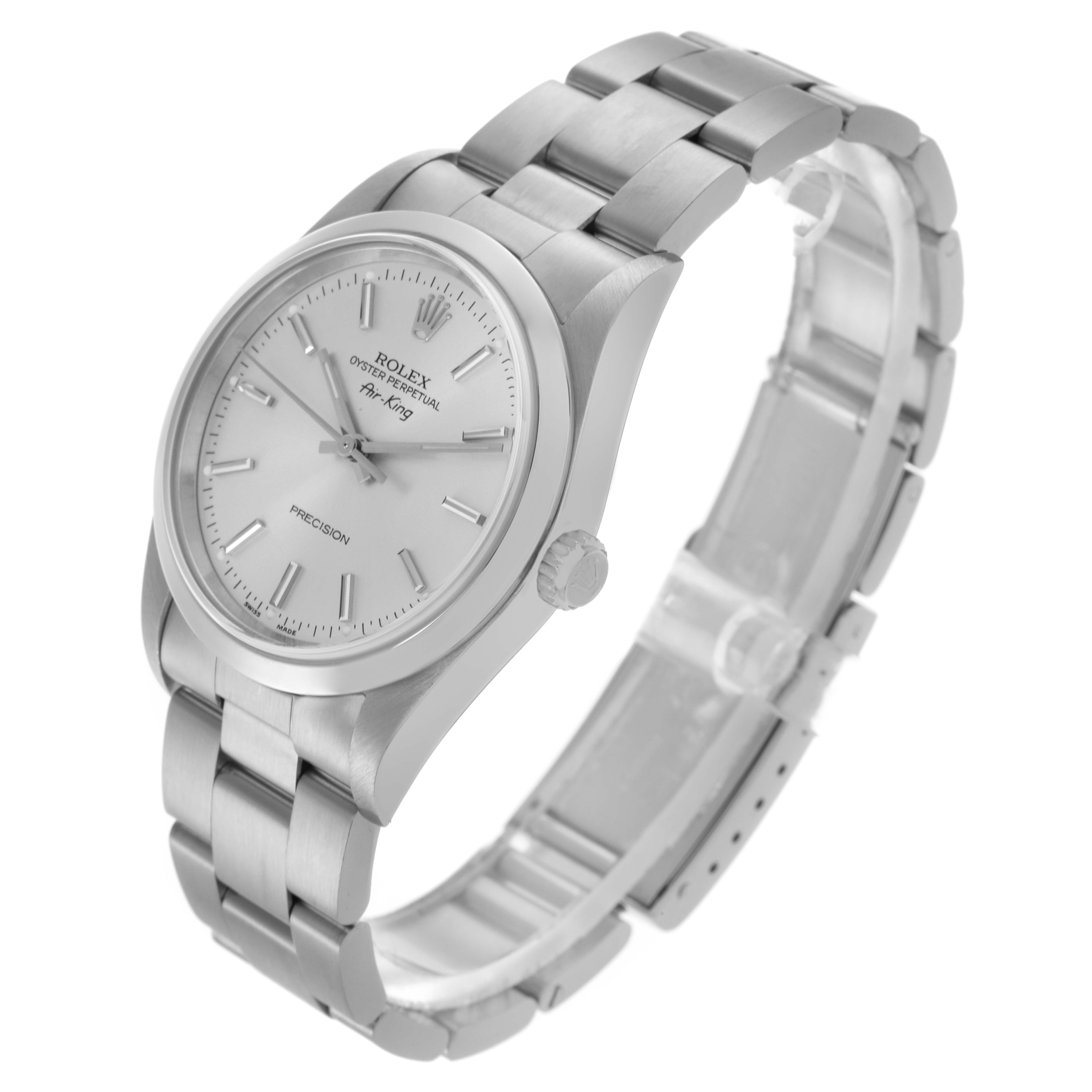The Rolex Air-King 14000M Men's Stainless Steel Silver Dial 14000M Men's Stainless Steel Silver Dial watch is shown at a three-quarter angle, displaying the face, bezel, crown, and part of the bracelet.