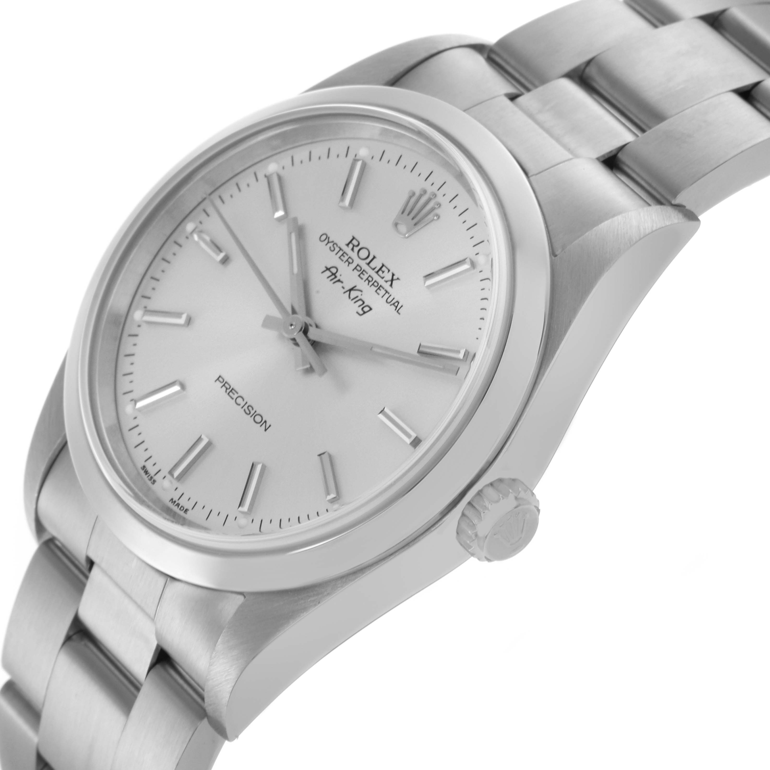The image shows a Rolex Air-King 14000M Men's Stainless Steel Silver Dial 14000M Men's Stainless Steel Silver Dial watch from a side angle, highlighting the dial, crown, and part of the bracelet.
