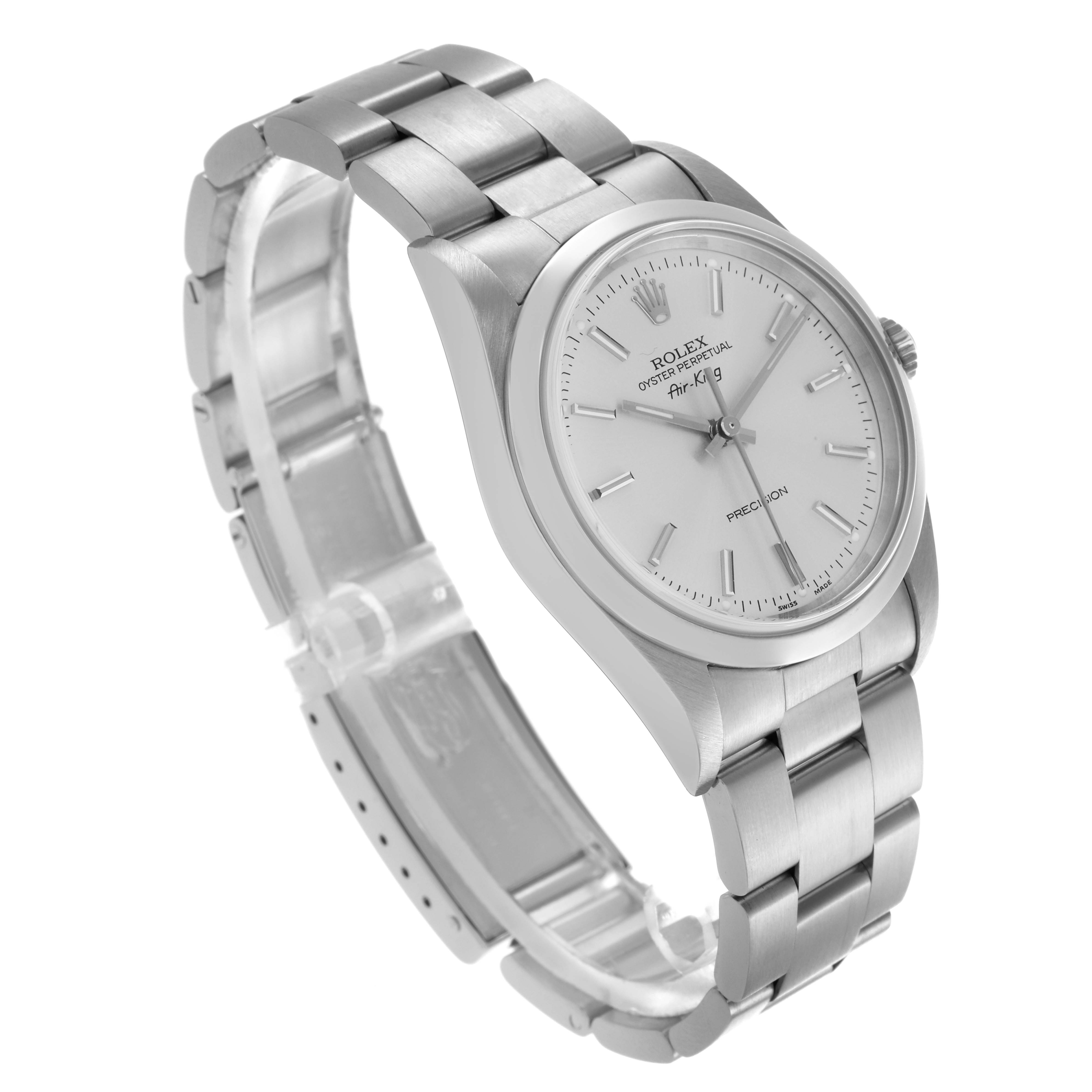 The Rolex Air-King 14000M Men's Stainless Steel Silver Dial 14000M Men's Stainless Steel Silver Dial watch is shown at a three-quarter angle, displaying the dial, crown, and stainless steel bracelet.