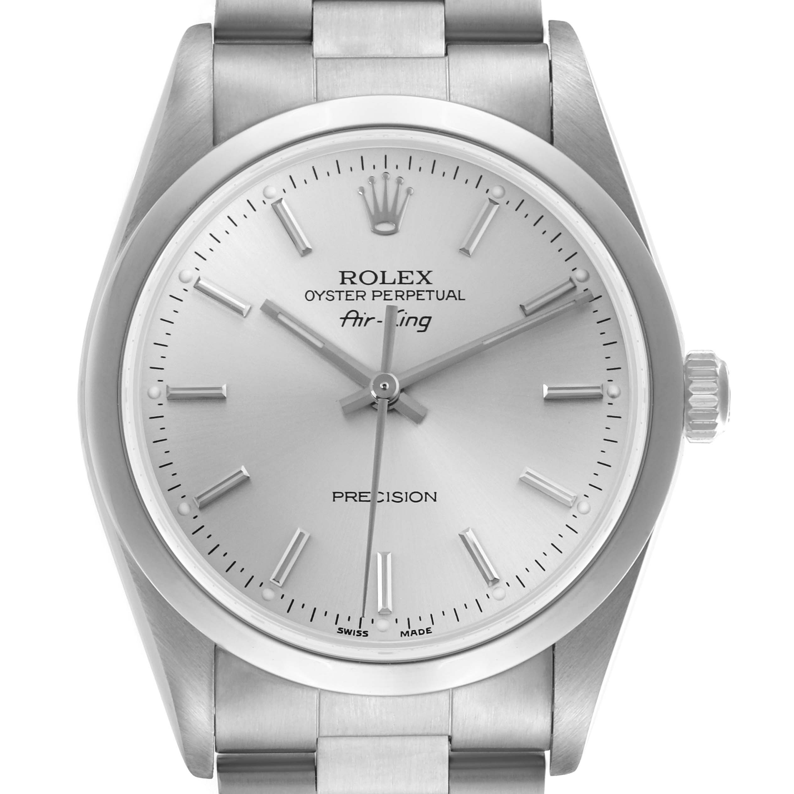 The Rolex Air-King 14000M Men's Stainless Steel Silver Dial 14000M Men's Stainless Steel Silver Dial watch is shown from a top-down angle, displaying its face, bezel, and part of the bracelet.