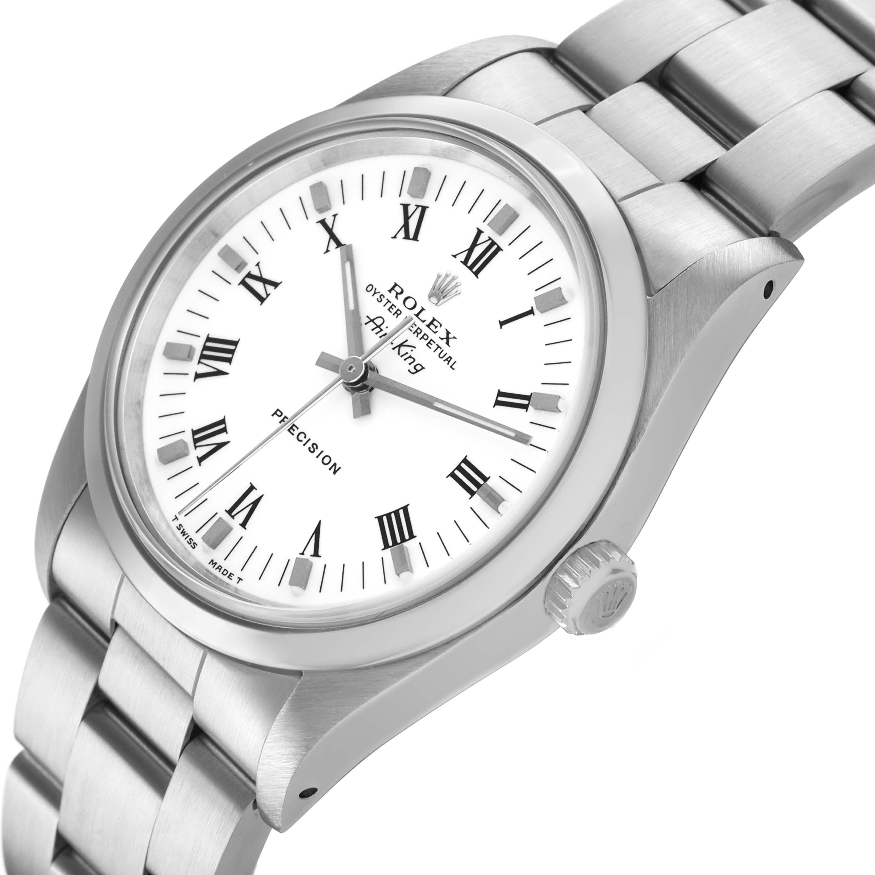 The Rolex Air-King 14000 Men's Stainless Steel White Dial watch is shown at a three-quarter angle, highlighting the dial, bezel, bracelet, and crown.