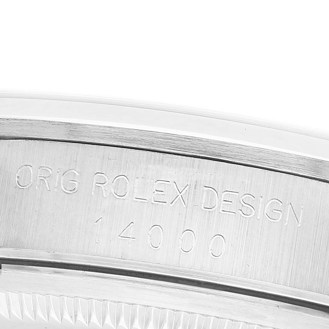 The image shows a close-up of the case side of the Rolex Air-King 14000 Men's Stainless Steel White Dial, highlighting the engraved design and model number.