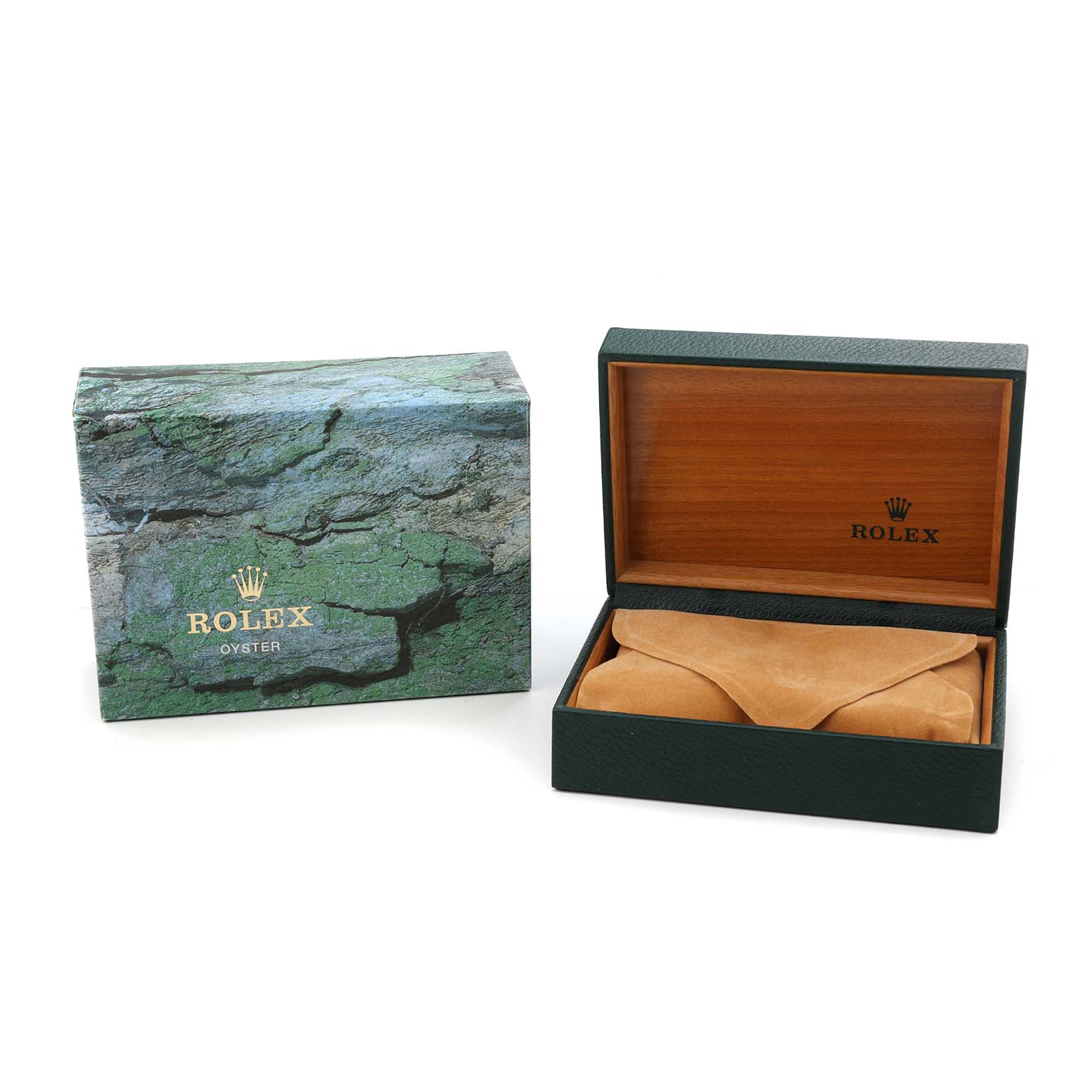 The image shows a closed Rolex Air-King 14000 Men's Stainless Steel White Dial box, featuring exterior textured with green tones, and an open box with a fabric pouch inside.