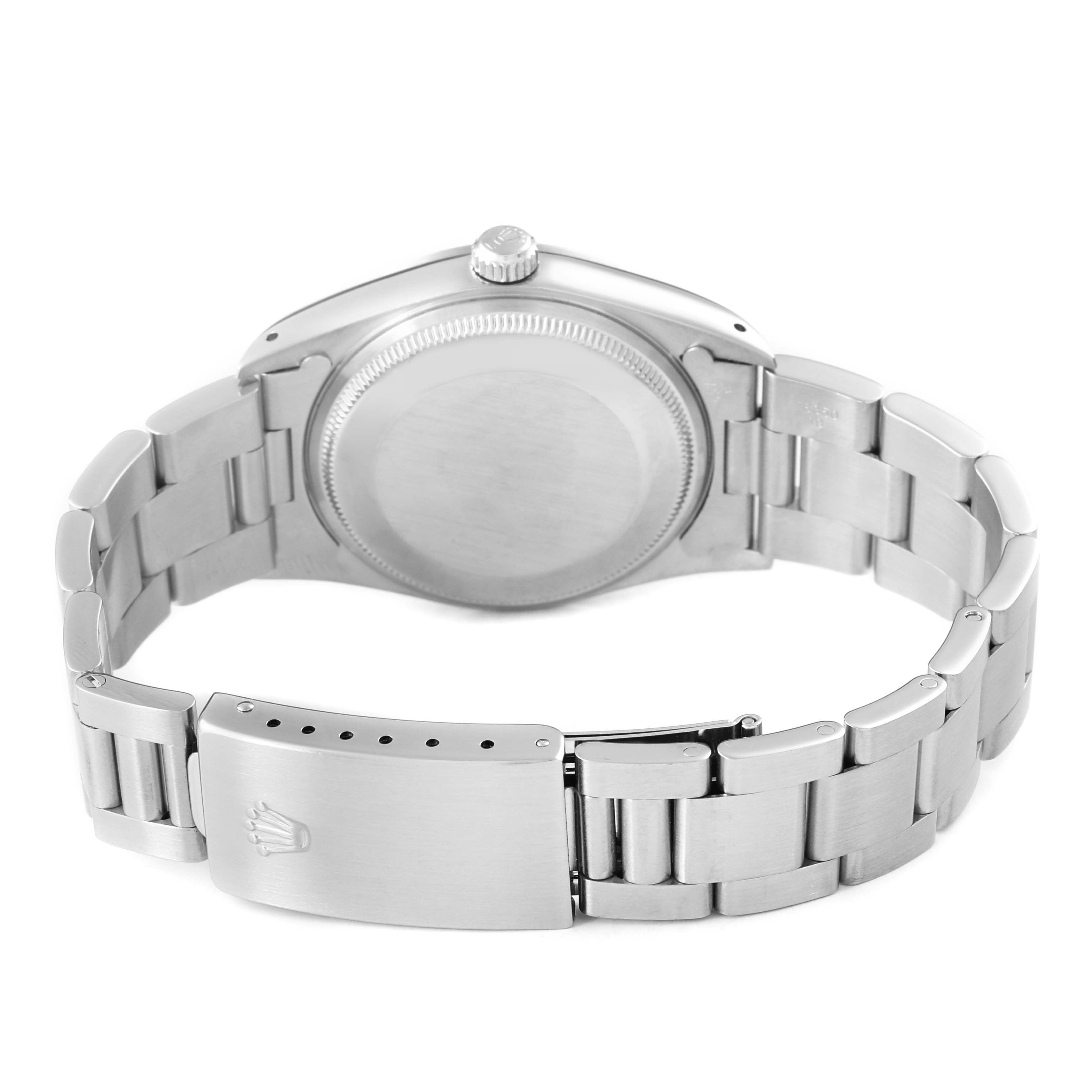 The image shows the back and bracelet of a Rolex Air-King 14000 Men's Stainless Steel White Dial watch, highlighting the clasp and case back.