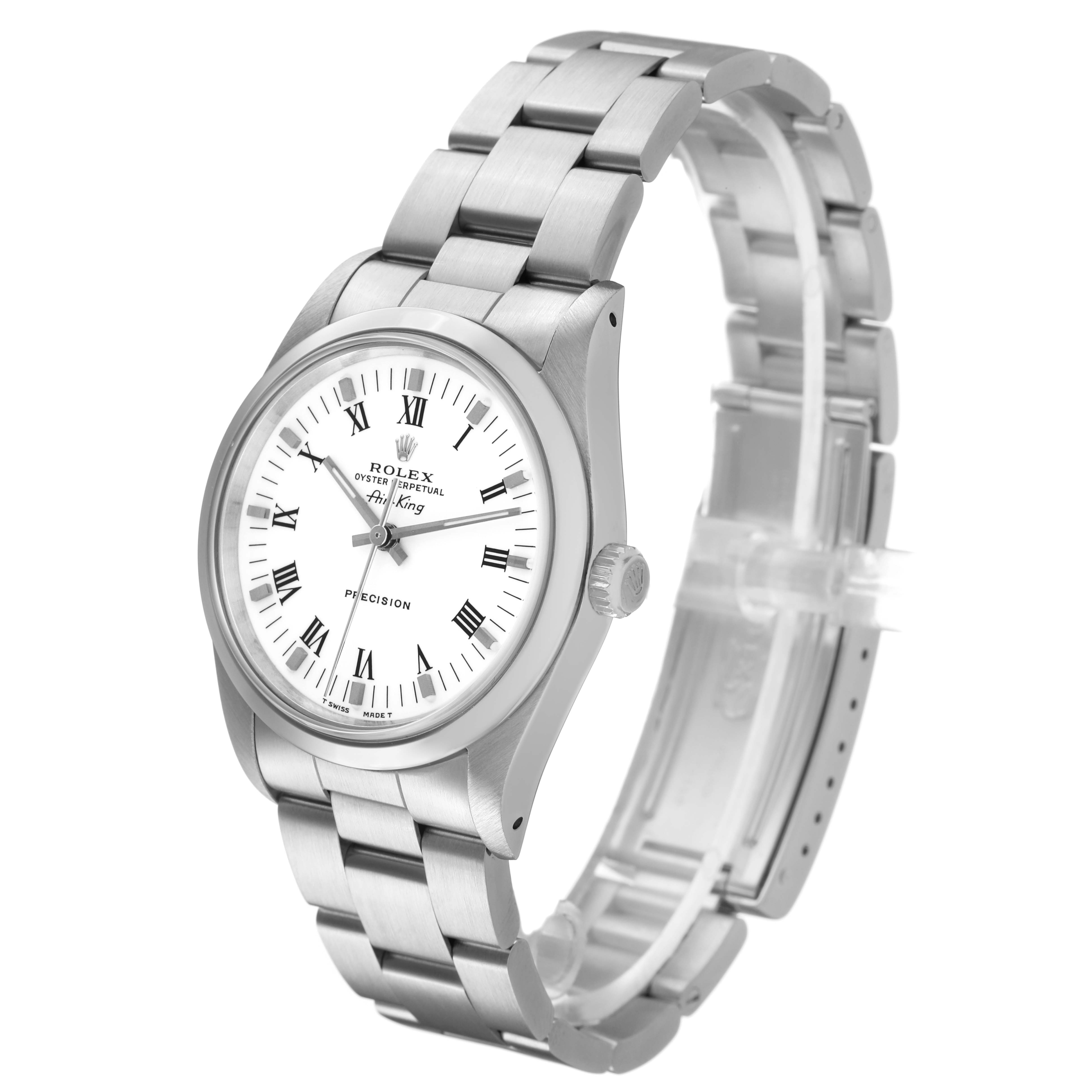 The Rolex Air-King 14000 Men's Stainless Steel White Dial watch is shown at a slight angle, displaying the dial, bezel, crown, and part of the bracelet.