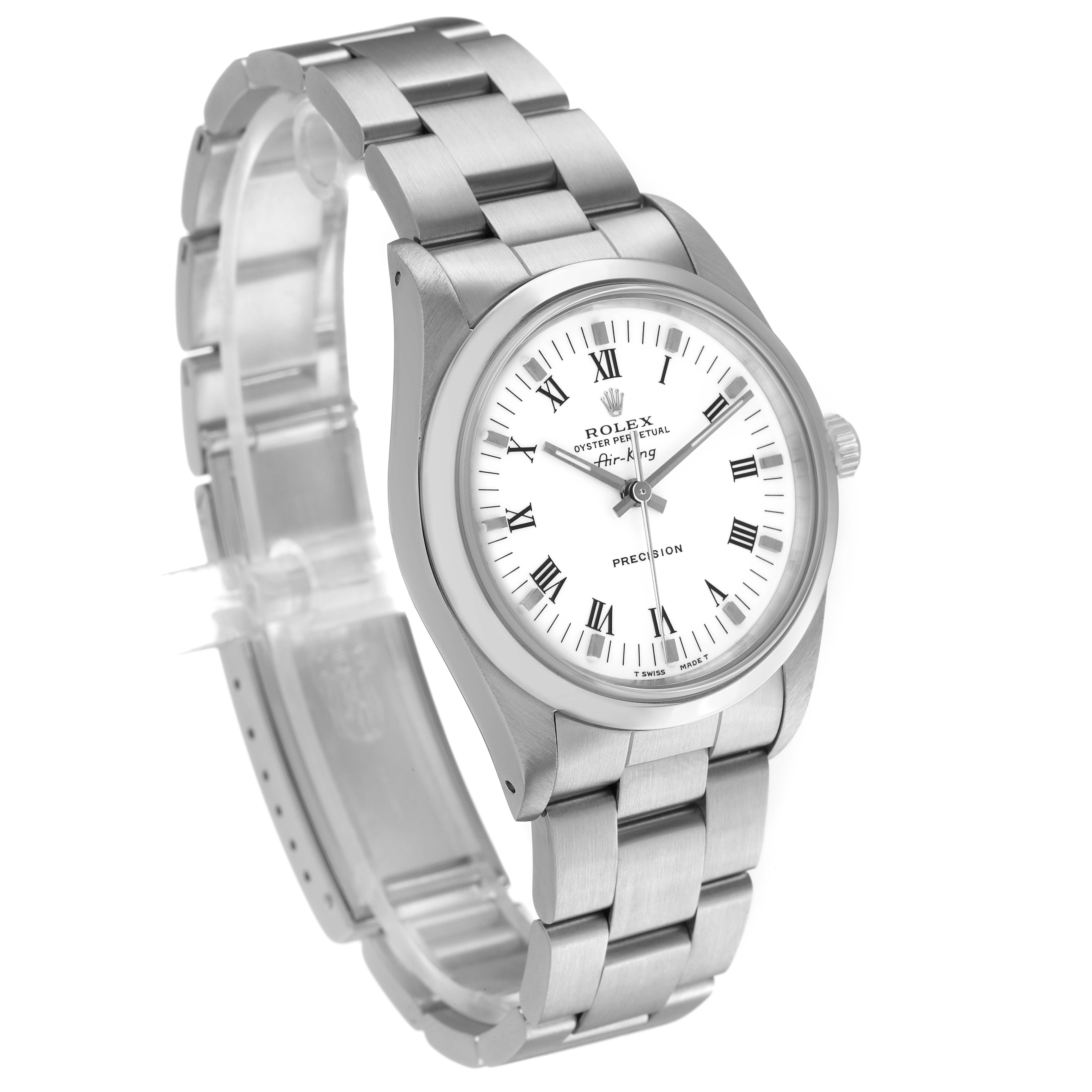 The Rolex Air-King 14000 Men's Stainless Steel White Dial watch is shown at a three-quarter angle, highlighting the dial, bezel, and stainless steel bracelet.