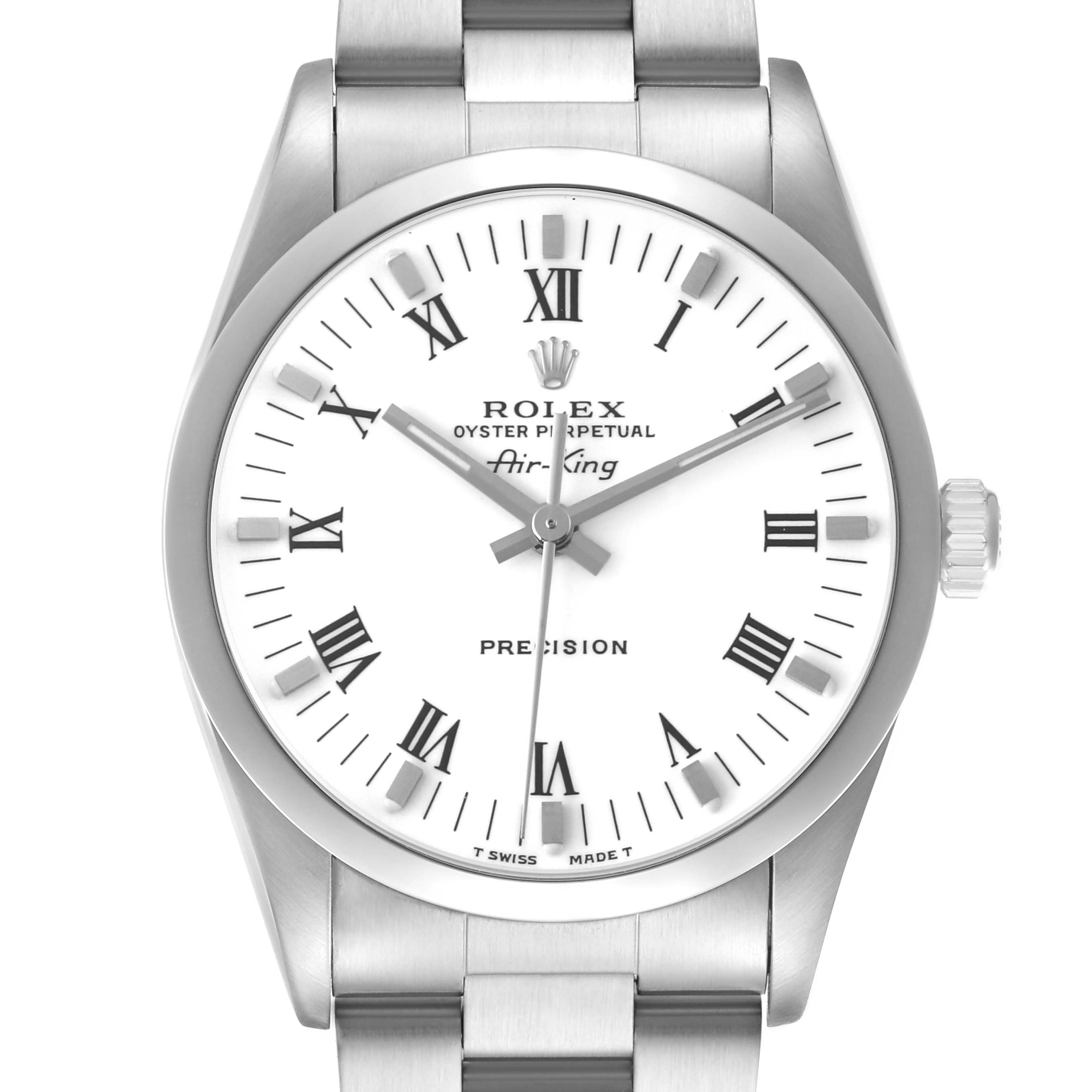 The Rolex Air-King 14000 Men's Stainless Steel White Dial watch is shown from a front angle, displaying the dial, case, and part of the bracelet.