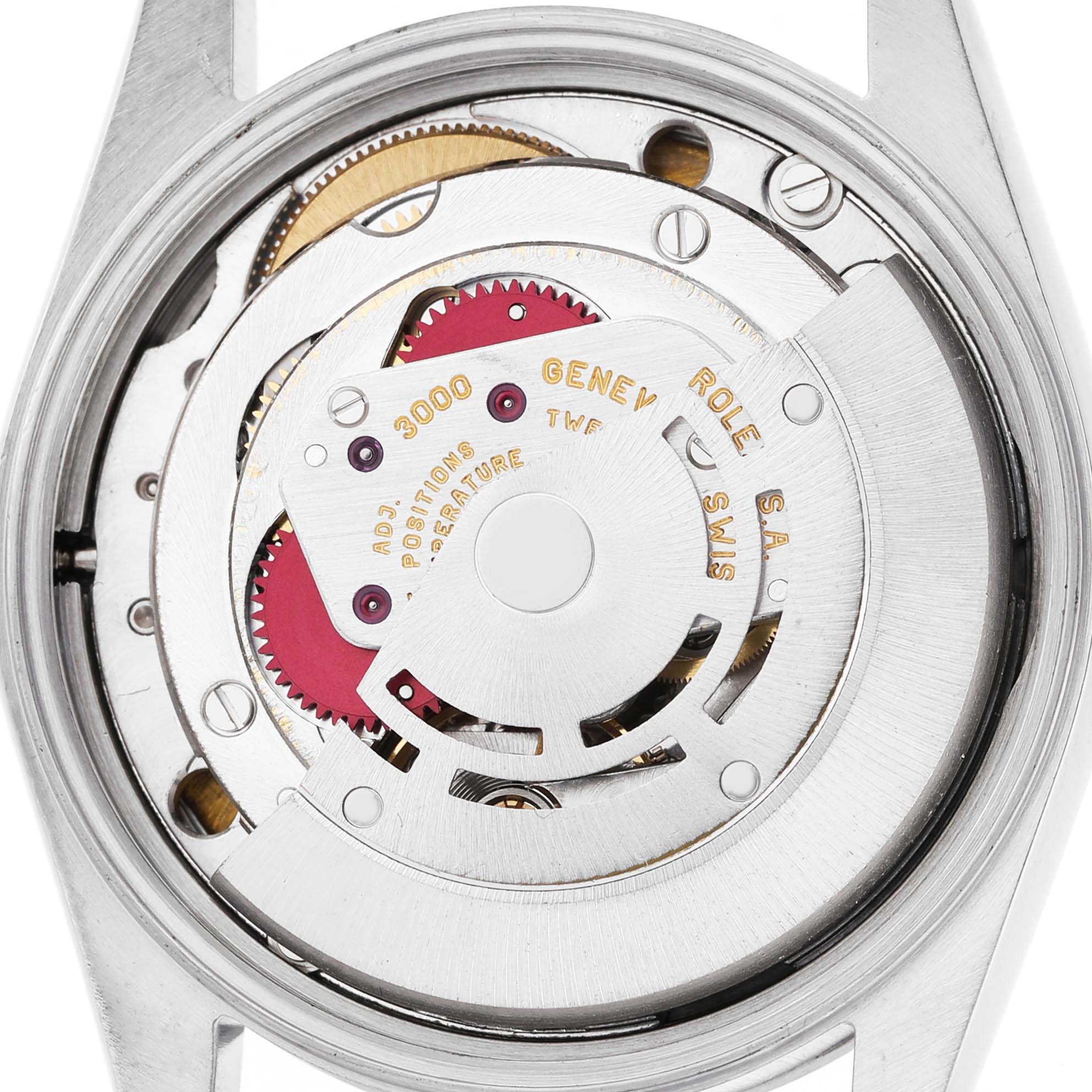 The image shows the internal mechanics of a Rolex Air-King 14000 Men's Stainless Steel White Dial watch with visible gears and movement parts.