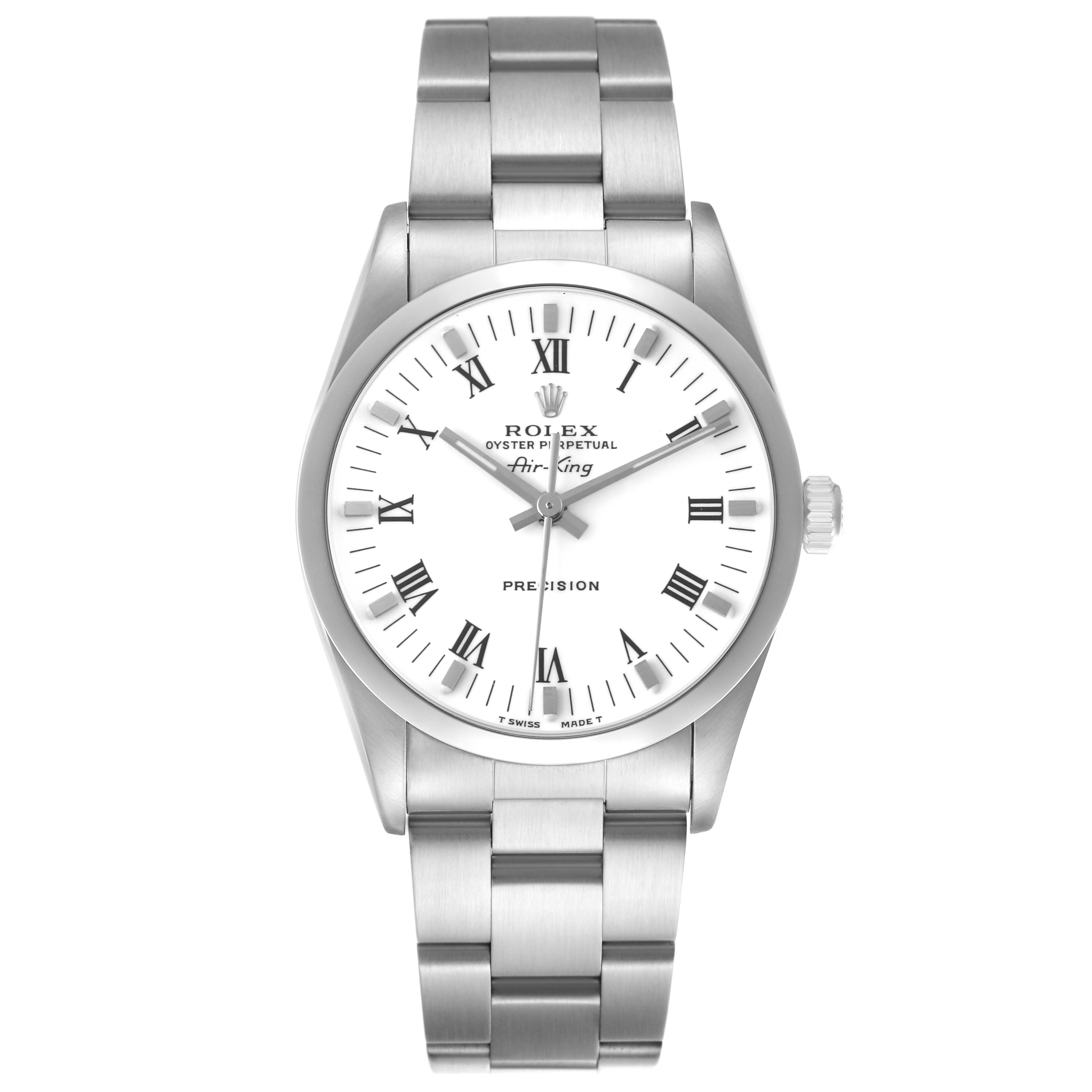 The Rolex Air-King 14000 Men's Stainless Steel White Dial watch is shown from a front angle, displaying the dial, bezel, and bracelet clearly.