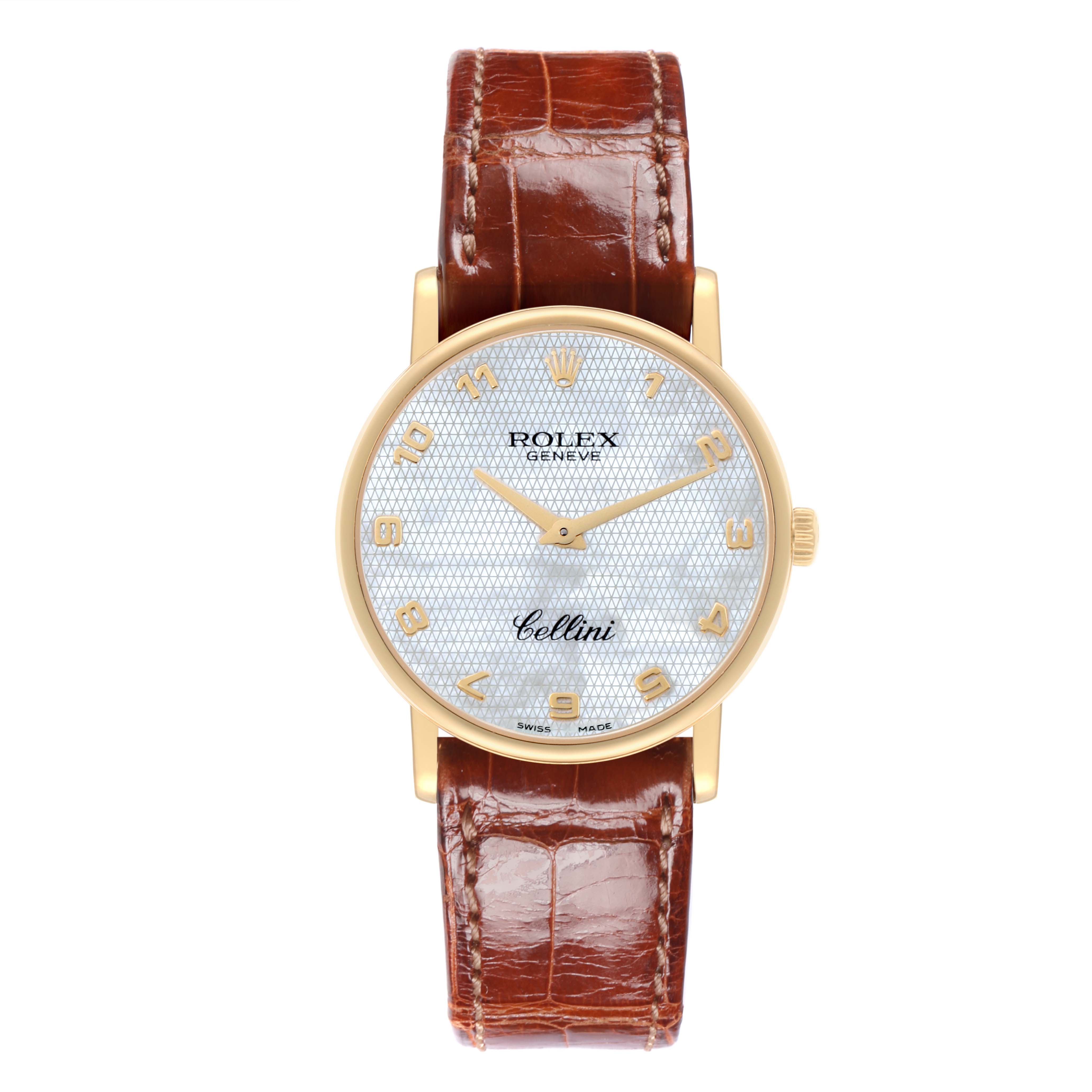 The Rolex Cellini 5115 Men's Yellow Gold Mother of Pearl Dial 5115 Men's Yellow Gold Mother of Pearl Dial watch is shown from a top-down angle, displaying the face, dial, and brown leather strap.