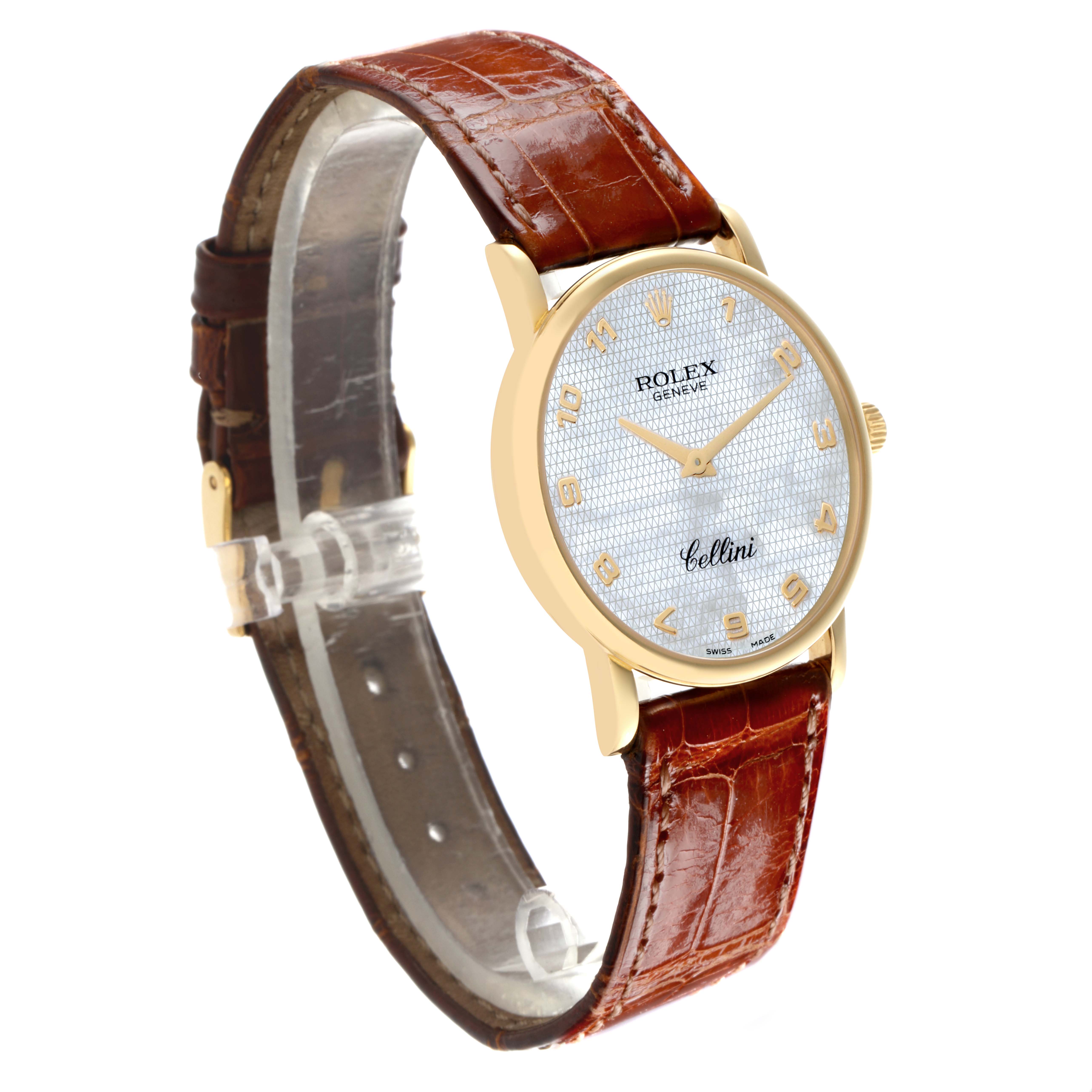 The Rolex Cellini 5115 Men's Yellow Gold Mother of Pearl Dial 5115 Men's Yellow Gold Mother of Pearl Dial watch is shown at a slight angle, highlighting the dial, case, and the brown leather strap.