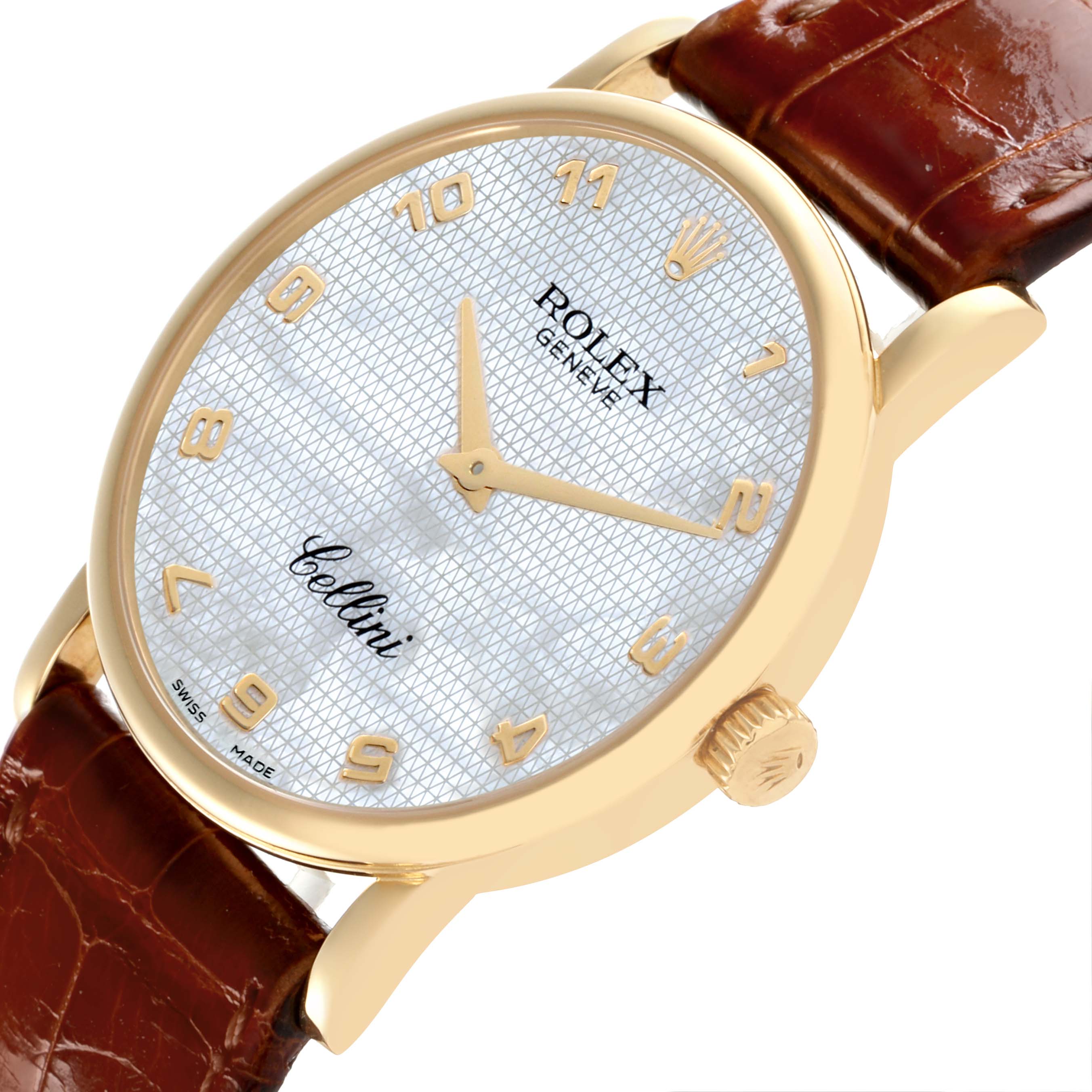 The Rolex Cellini 5115 Men's Yellow Gold Mother of Pearl Dial 5115 Men's Yellow Gold Mother of Pearl Dial watch is shown at an angle highlighting the face, crown, and leather strap.