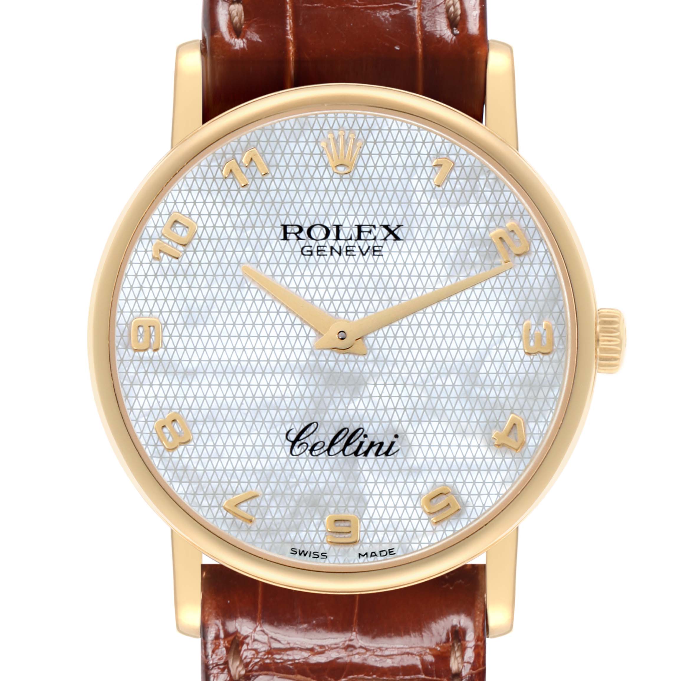 The Rolex Cellini 5115 Men's Yellow Gold Mother of Pearl Dial 5115 Men's Yellow Gold Mother of Pearl Dial watch is shown from a front angle, highlighting the dial, hands, and leather strap.