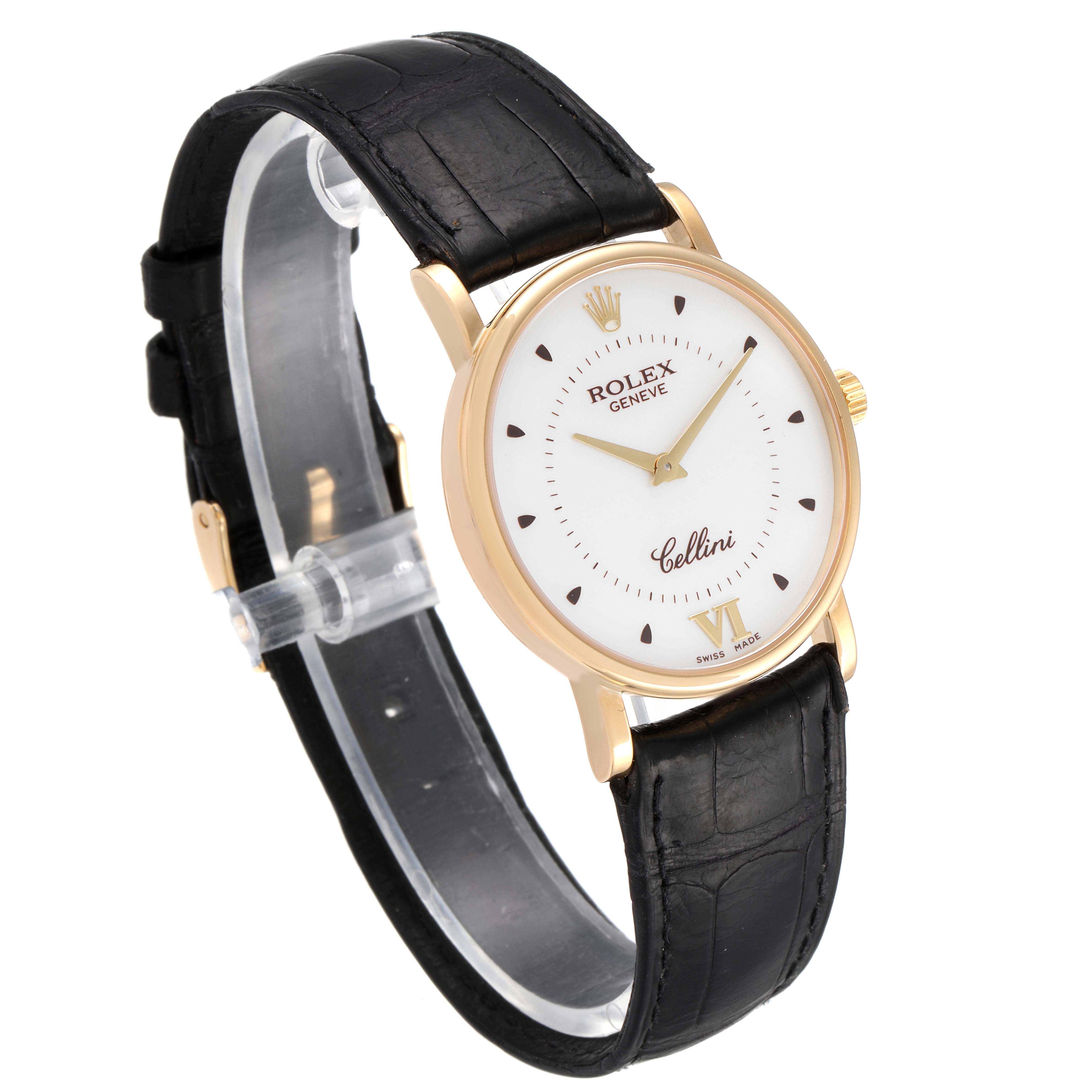The image shows a Rolex Cellini 5115 Men's Yellow Gold Silver Dial 5115 Men's Yellow Gold Silver Dial watch at a three-quarter angle, displaying its dial, hands, and black leather strap.