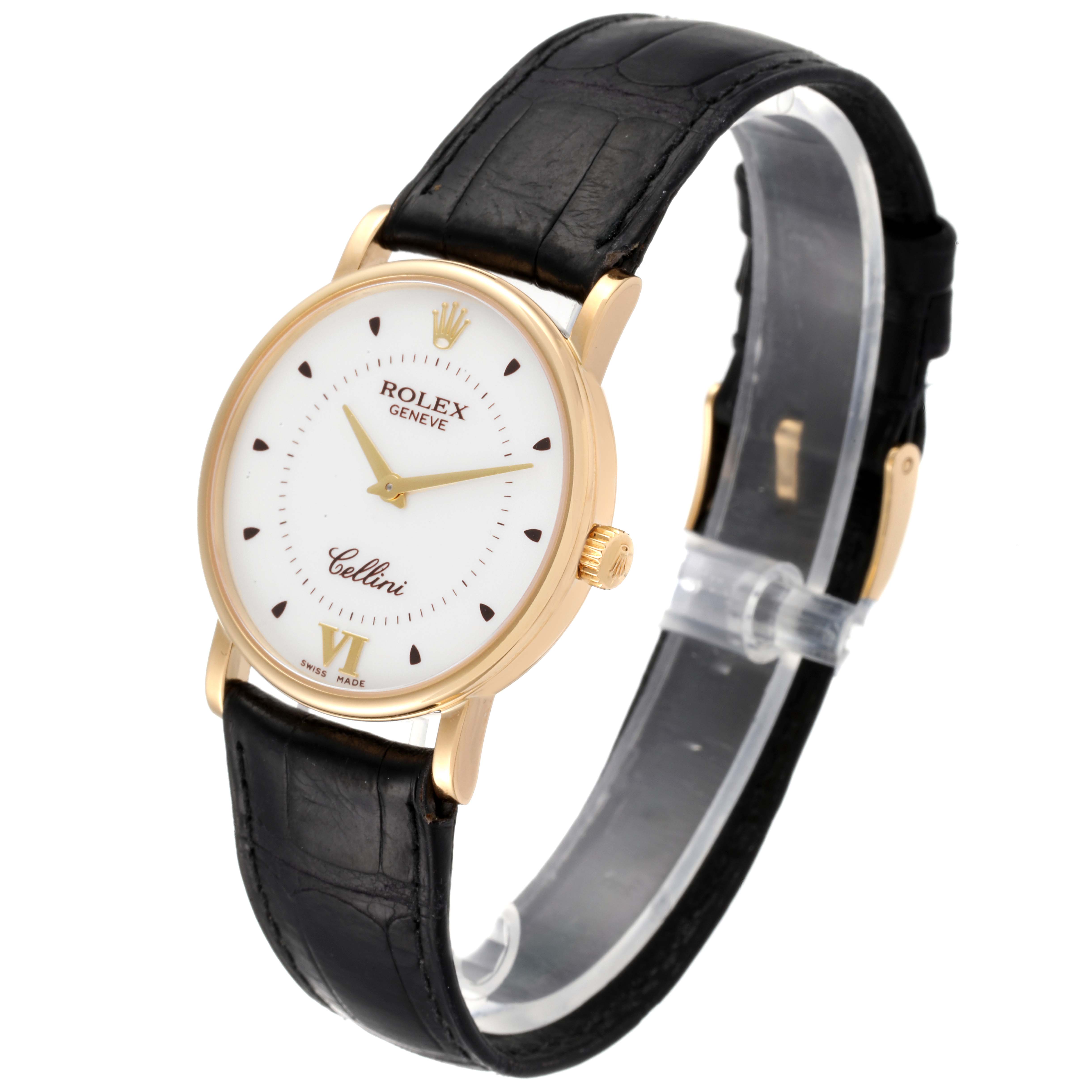The Rolex Cellini 5115 Men's Yellow Gold Silver Dial 5115 Men's Yellow Gold Silver Dial watch is shown at a slight angle, displaying the dial, case, crown, and black leather strap.