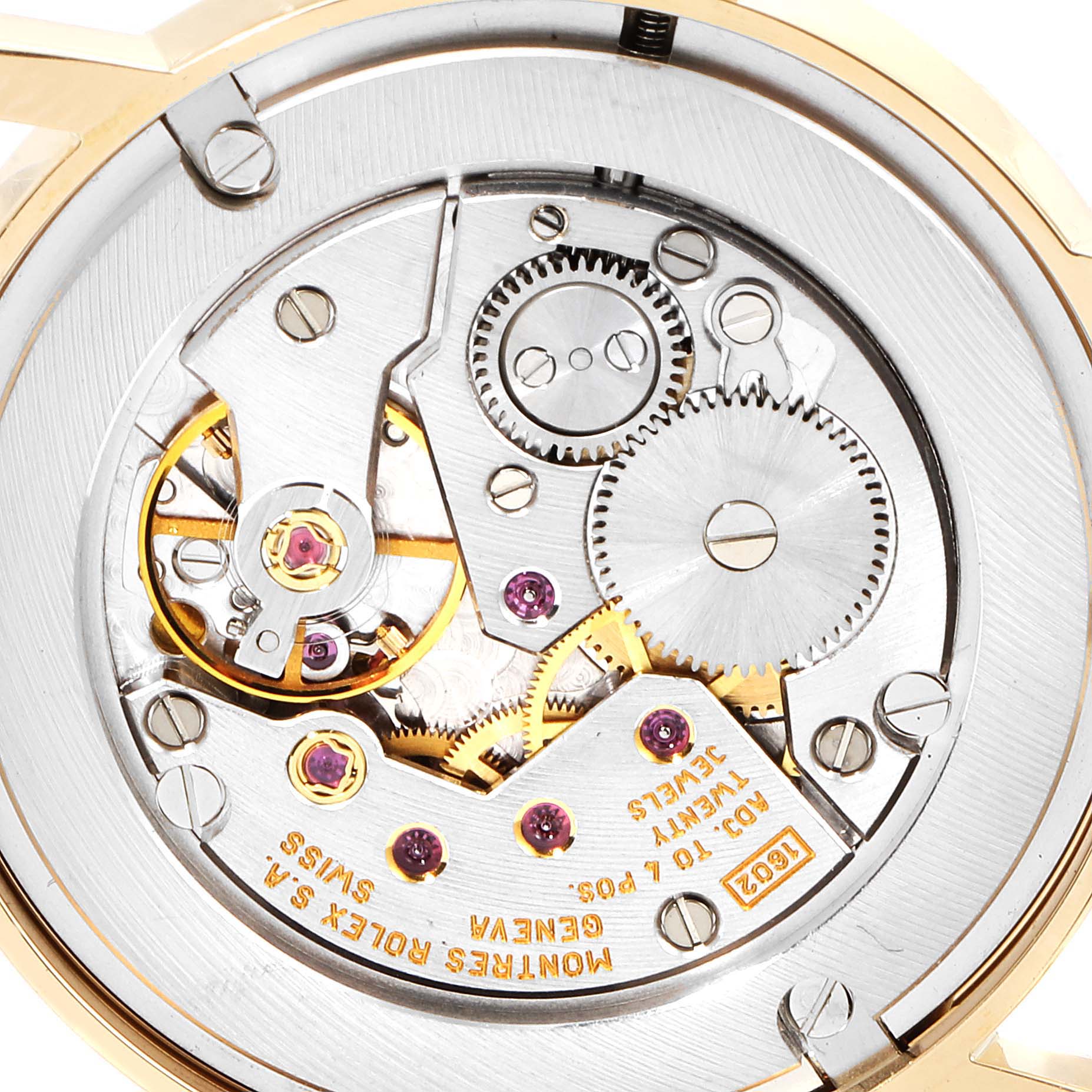 This image shows the internal mechanical movement of a Rolex Cellini 5115 Men's Yellow Gold Silver Dial 5115 Men's Yellow Gold Silver Dial watch, seen from the back.