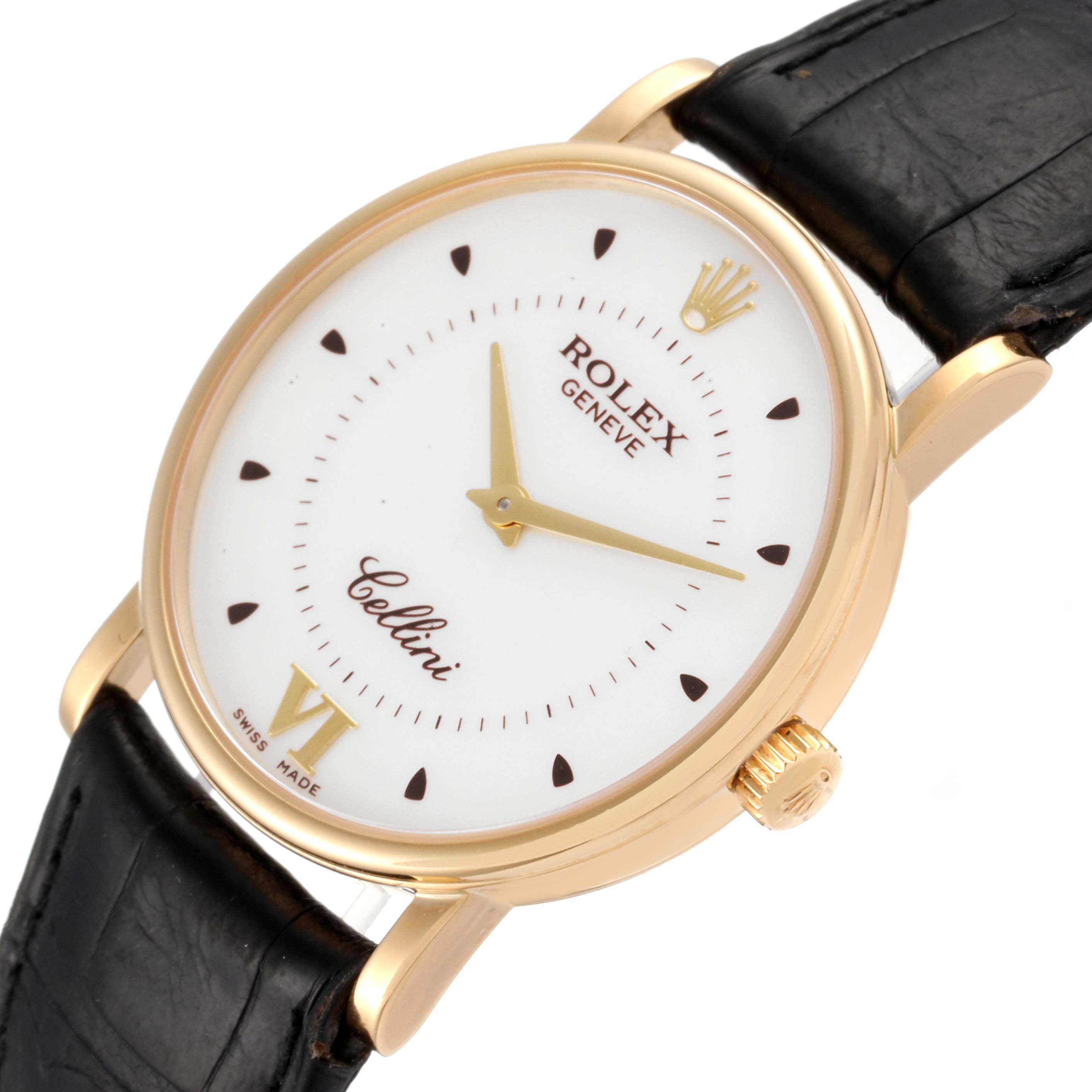 The Rolex Cellini 5115 Men's Yellow Gold Silver Dial 5115 Men's Yellow Gold Silver Dial watch is shown from a top-down angle, displaying the face, dial, case, and part of the leather strap.