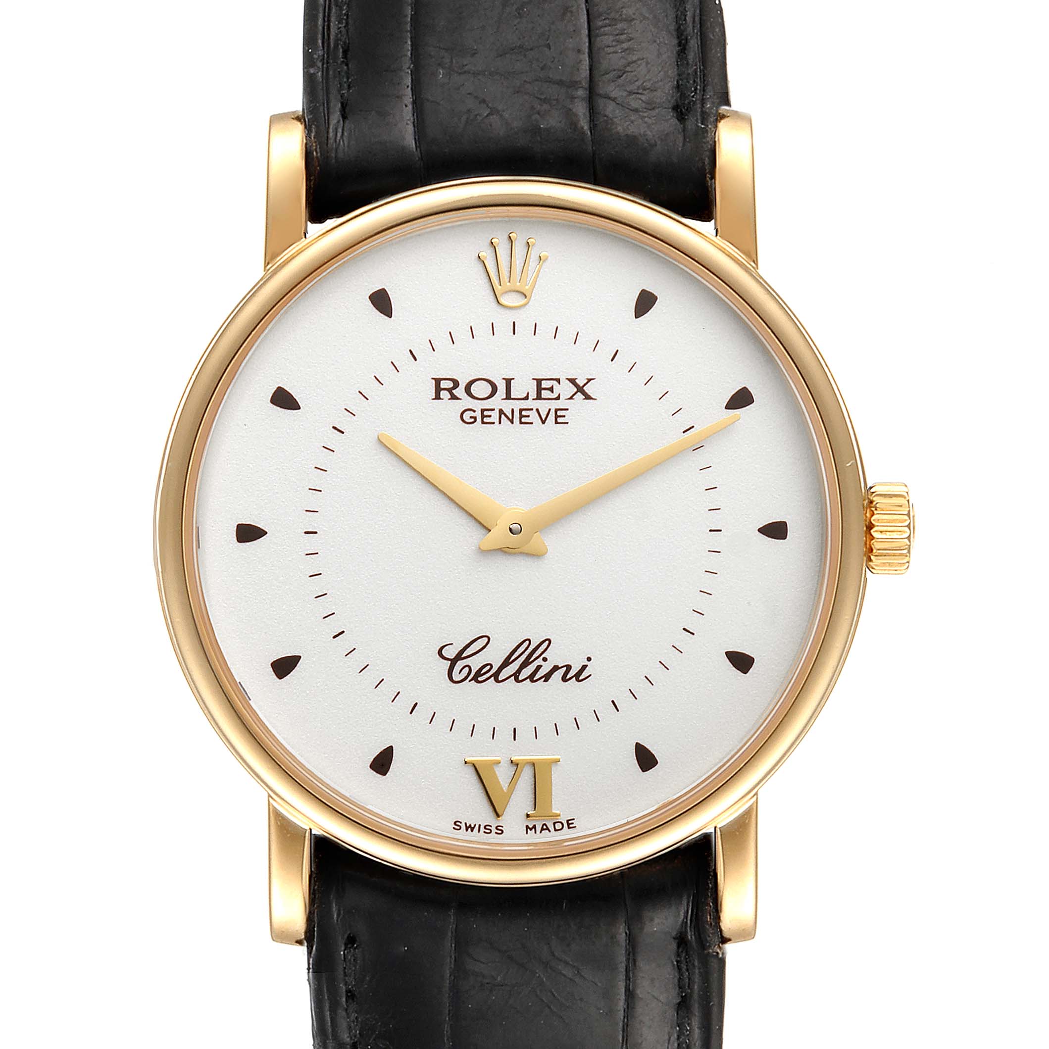 This is a frontal view of a Rolex Cellini 5115 Men's Yellow Gold Silver Dial 5115 Men's Yellow Gold Silver Dial watch, showing the dial, hands, crown, and leather strap.
