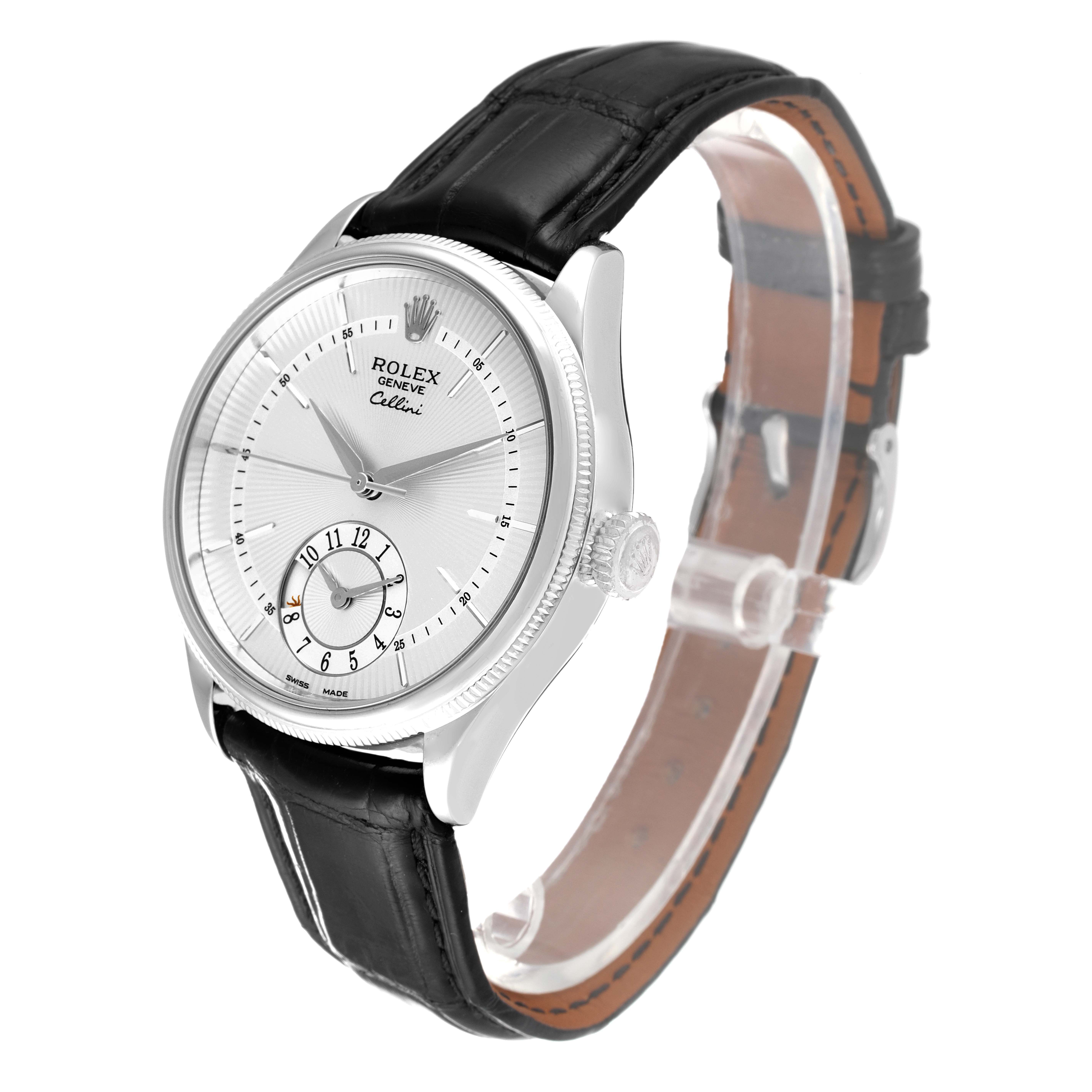 The Rolex Cellini 50529 Men's White Gold Silver Dial 50529 Men's White Gold Silver Dial watch is shown at a three-quarter angle, displaying the face, bezel, crown, and leather strap.
