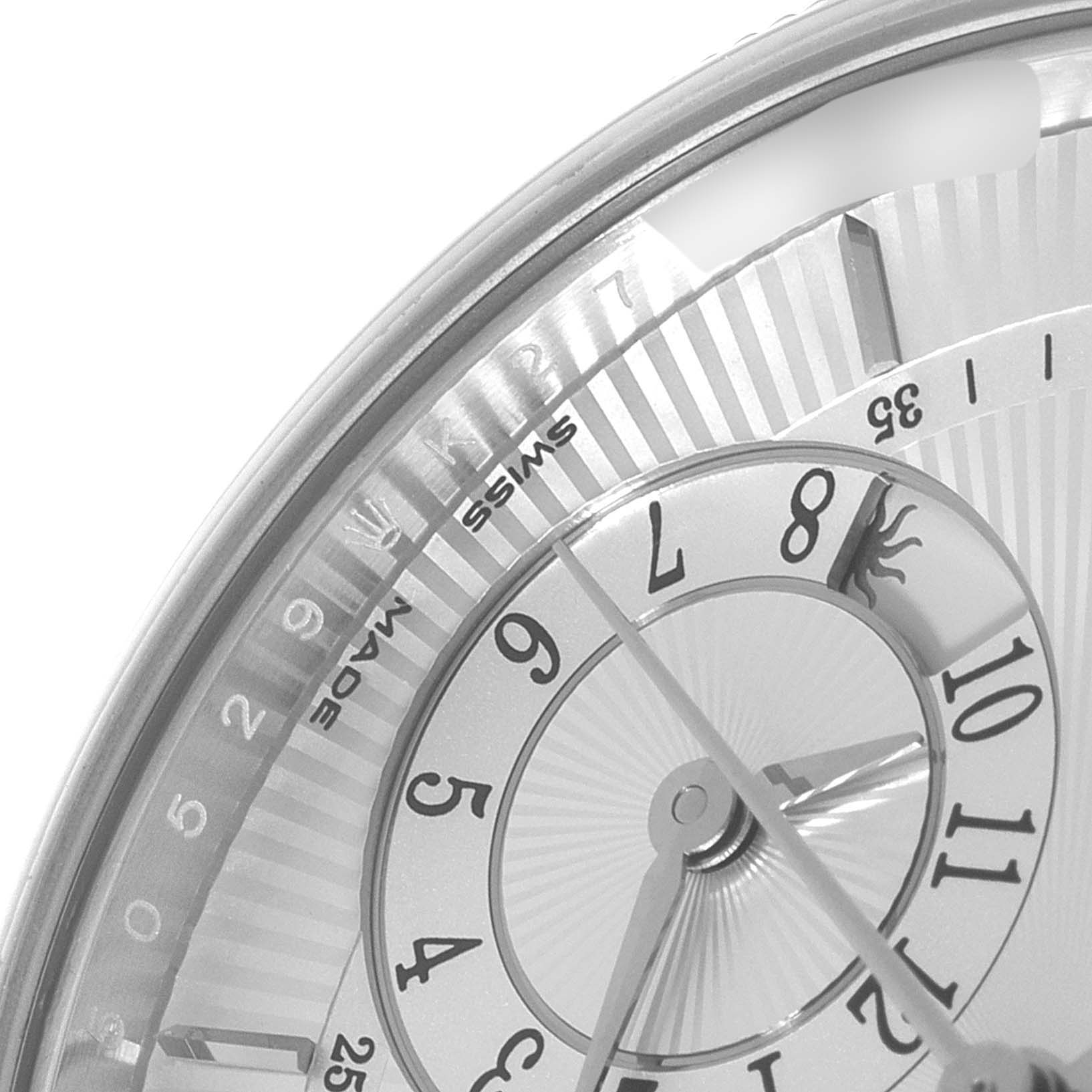 This image shows a close-up of the dial and hour markers on a Rolex Cellini 50529 Men's White Gold Silver Dial 50529 Men's White Gold Silver Dial watch.