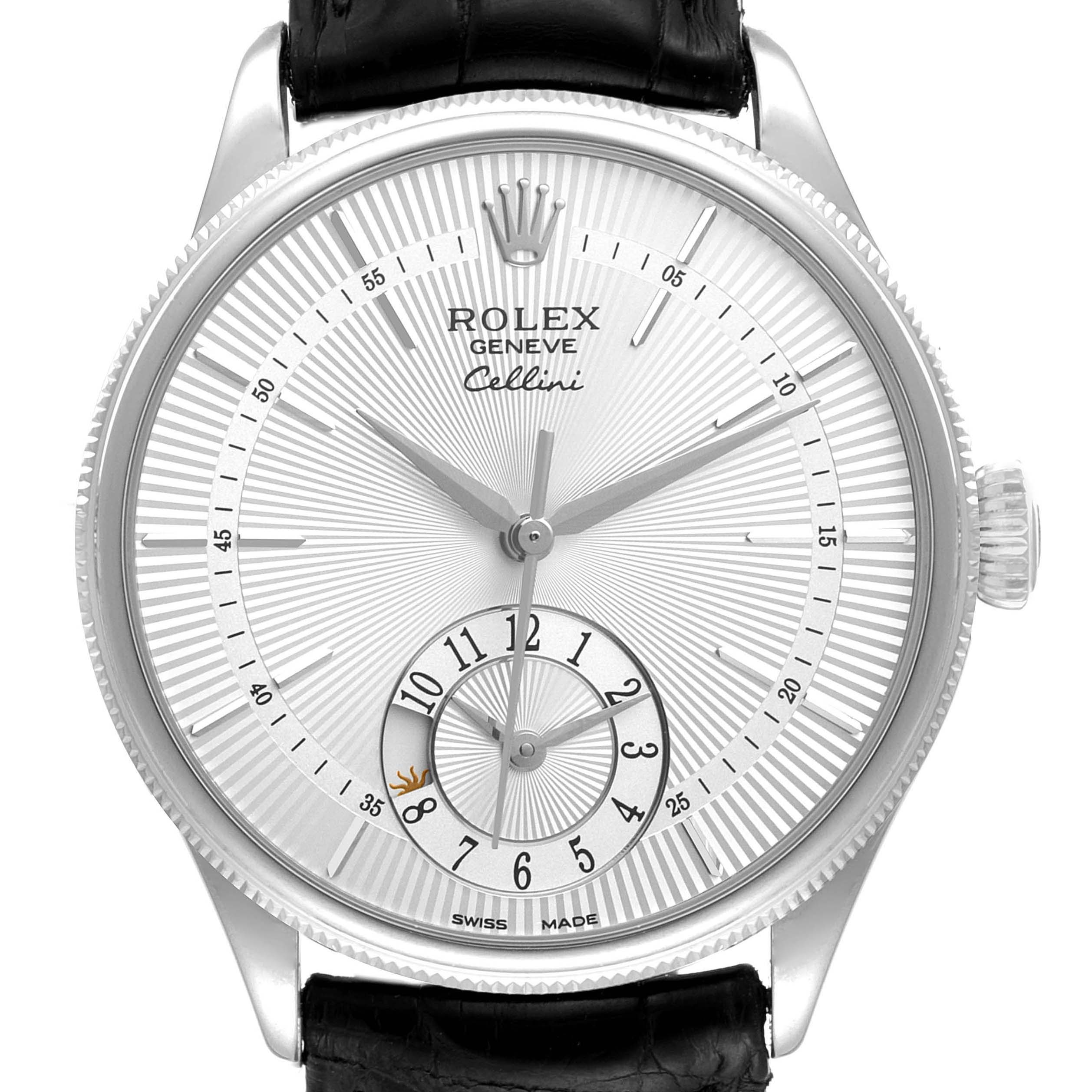 This image shows a front view of the Rolex Cellini 50529 Men's White Gold Silver Dial 50529 Men's White Gold Silver Dial watch, highlighting the dial, crown, and part of the leather strap.