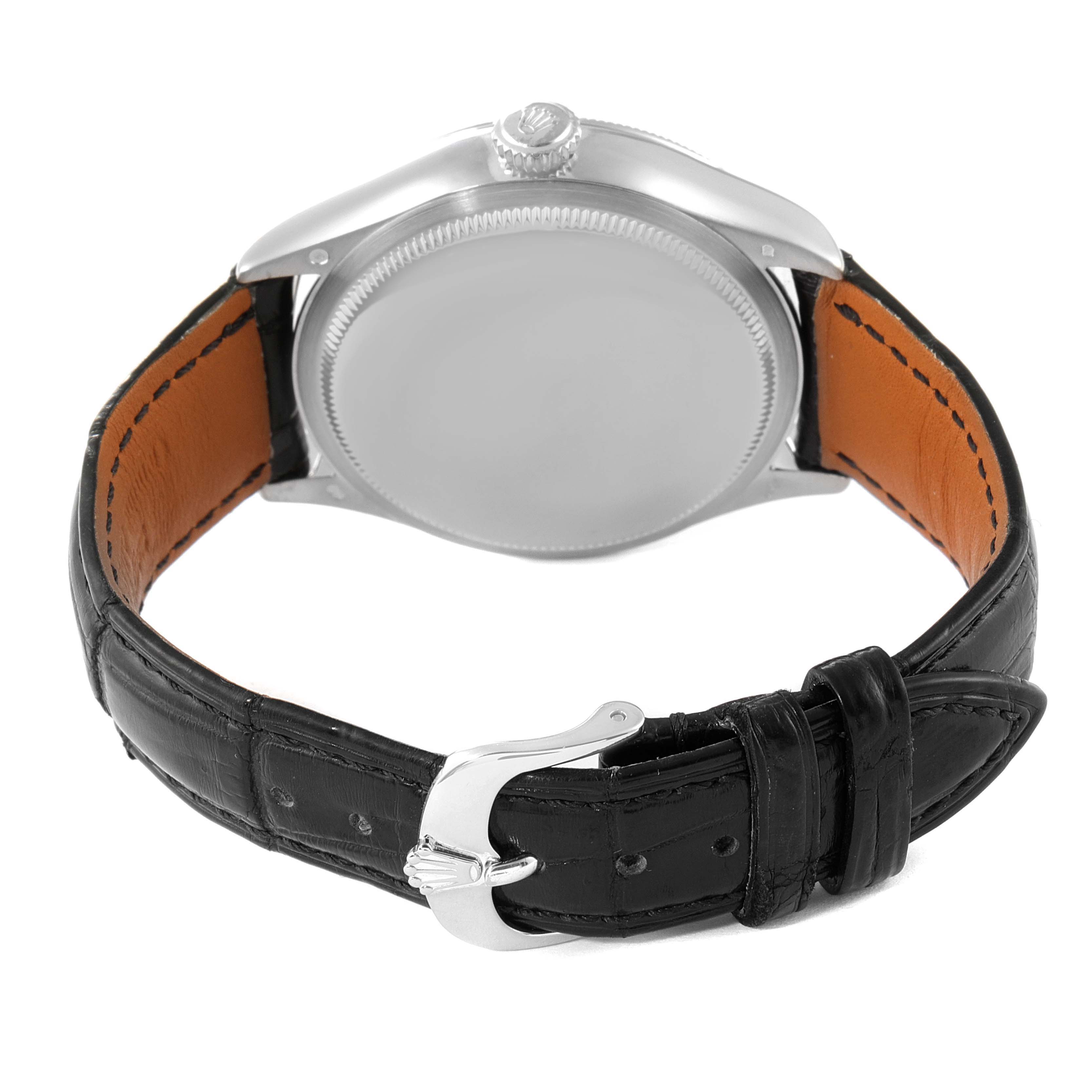 The image shows the back and side profile of a Rolex Cellini 50529 Men's White Gold Silver Dial 50529 Men's White Gold Silver Dial watch with a black leather strap and clasp.