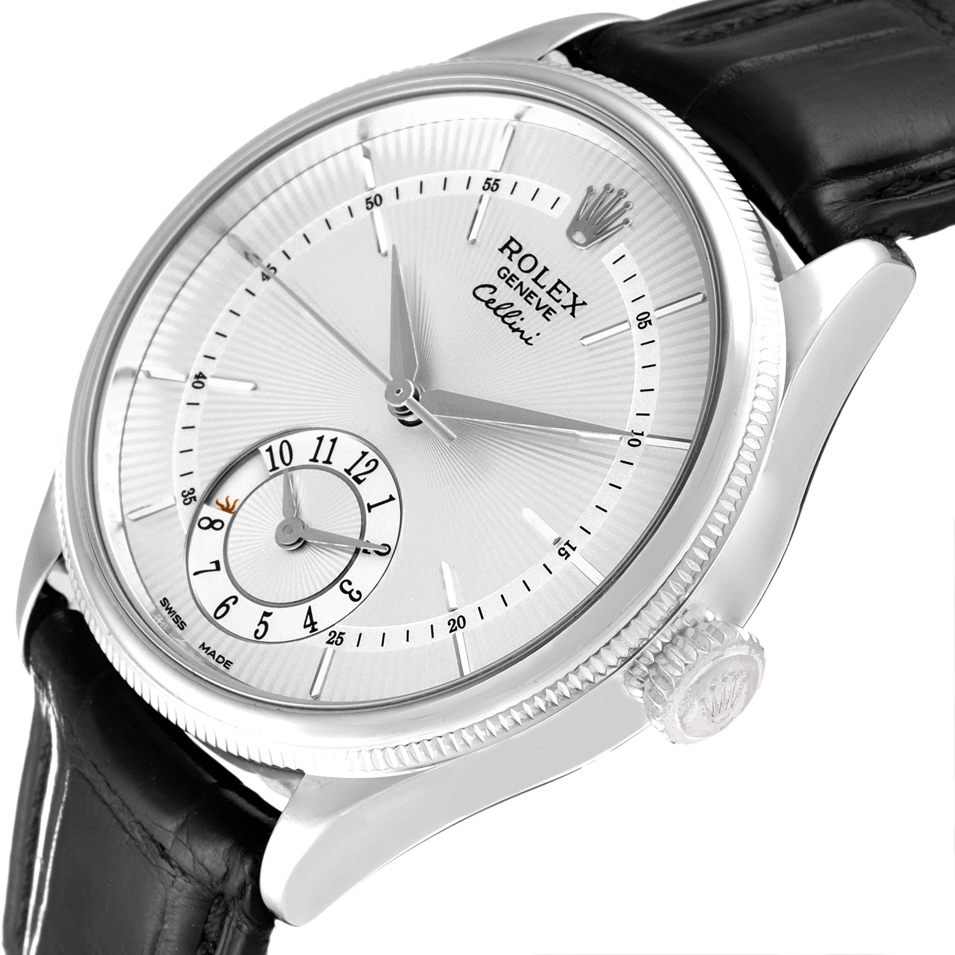 This image shows a side angle of the Rolex Cellini 50529 Men's White Gold Silver Dial 50529 Men's White Gold Silver Dial watch, highlighting its dial, crown, and leather strap.