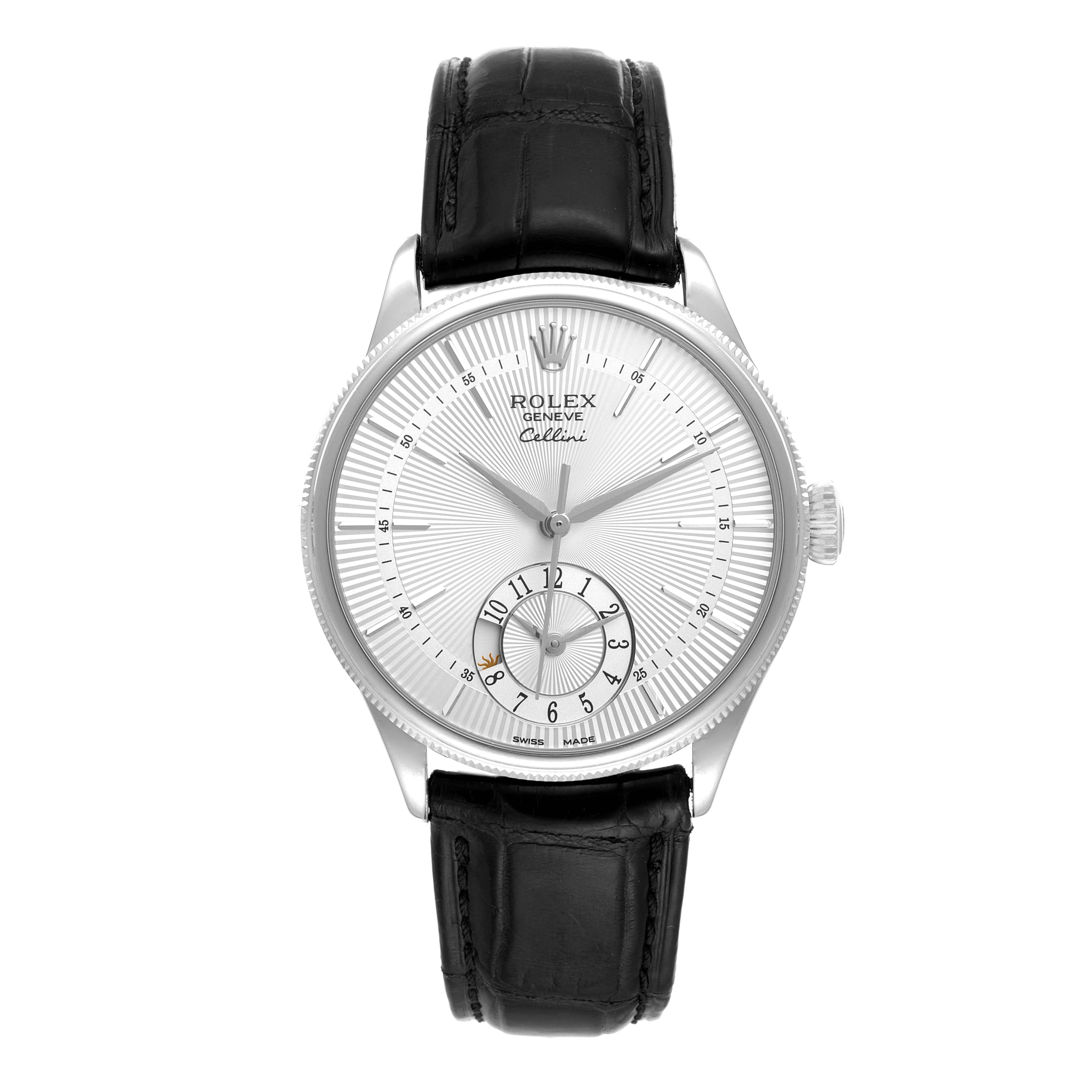 The Rolex Cellini 50529 Men's White Gold Silver Dial 50529 Men's White Gold Silver Dial watch is shown from a front angle, highlighting the dial, crown, and black leather strap.