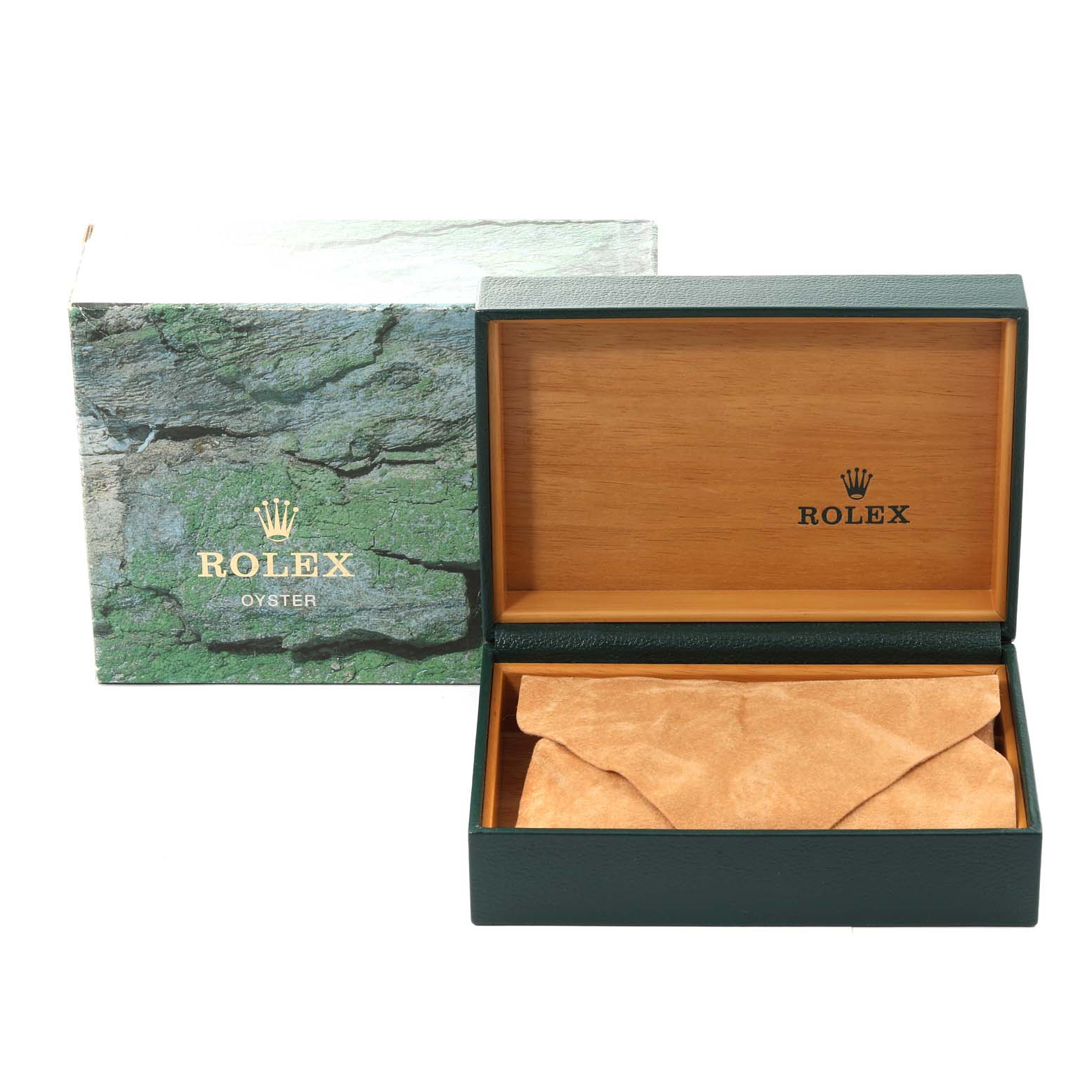 This image shows an open Rolex Date 15200 Men's Stainless Steel Black Dial 15200 Men's Stainless Steel Black Dial model watch box, including the outer box with the Rolex logo and an interior suede pillow.