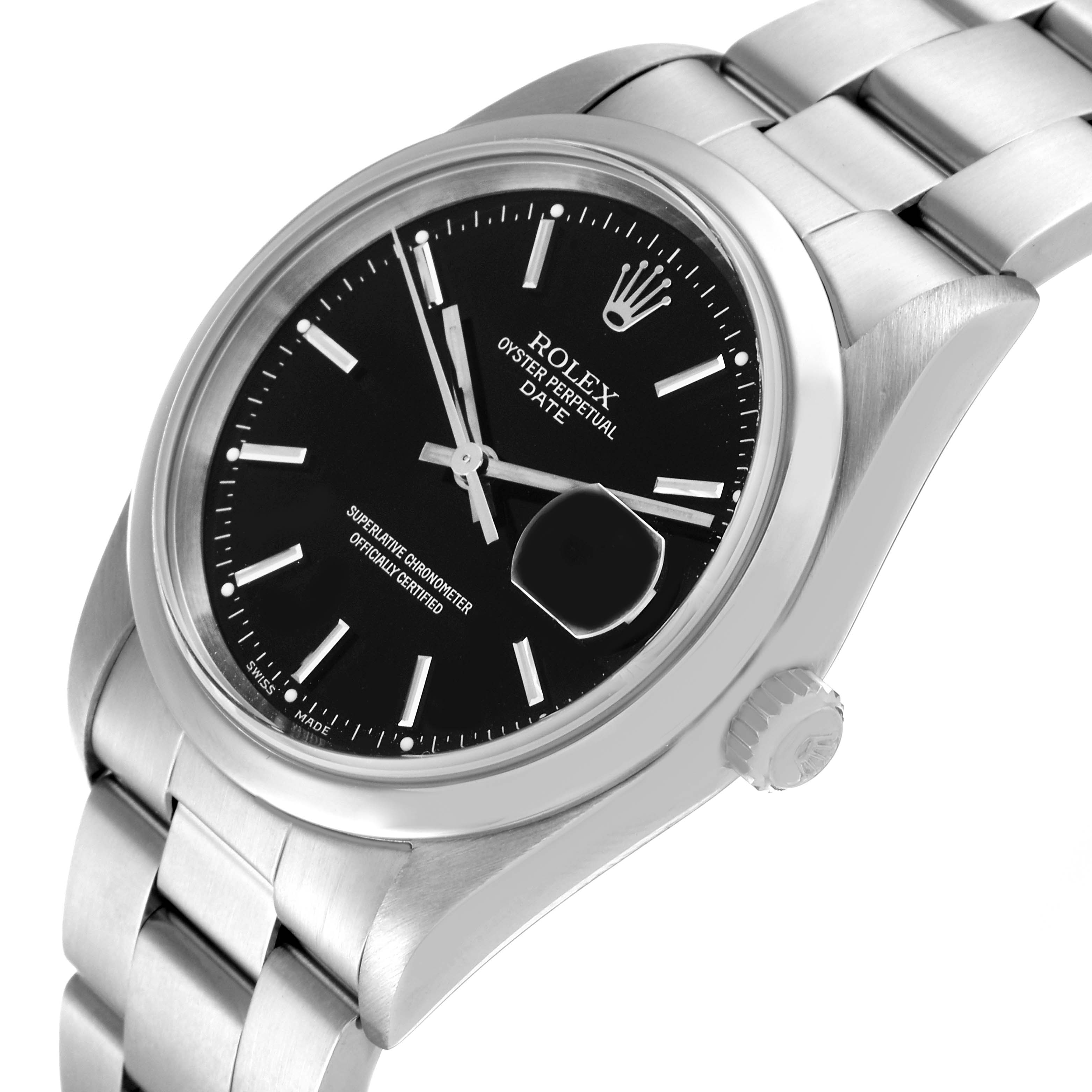 The image shows a Rolex Date 15200 Men's Stainless Steel Black Dial 15200 Men's Stainless Steel Black Dial model watch angled to display the dial, bezel, crown, and part of the bracelet.