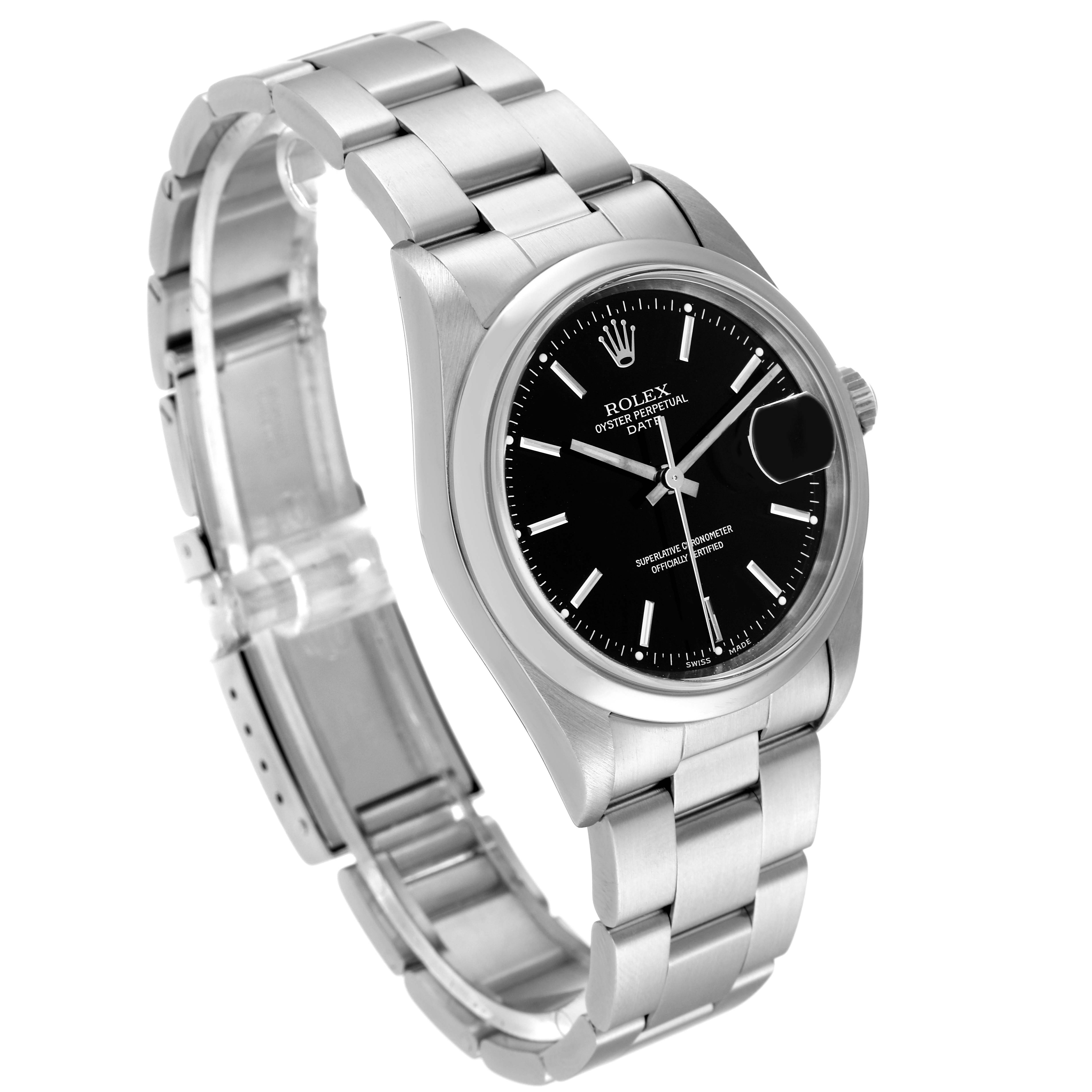 The image shows a Rolex Date 15200 Men's Stainless Steel Black Dial 15200 Men's Stainless Steel Black Dial model watch angled from the front-left, displaying its black dial, case, and metal bracelet.