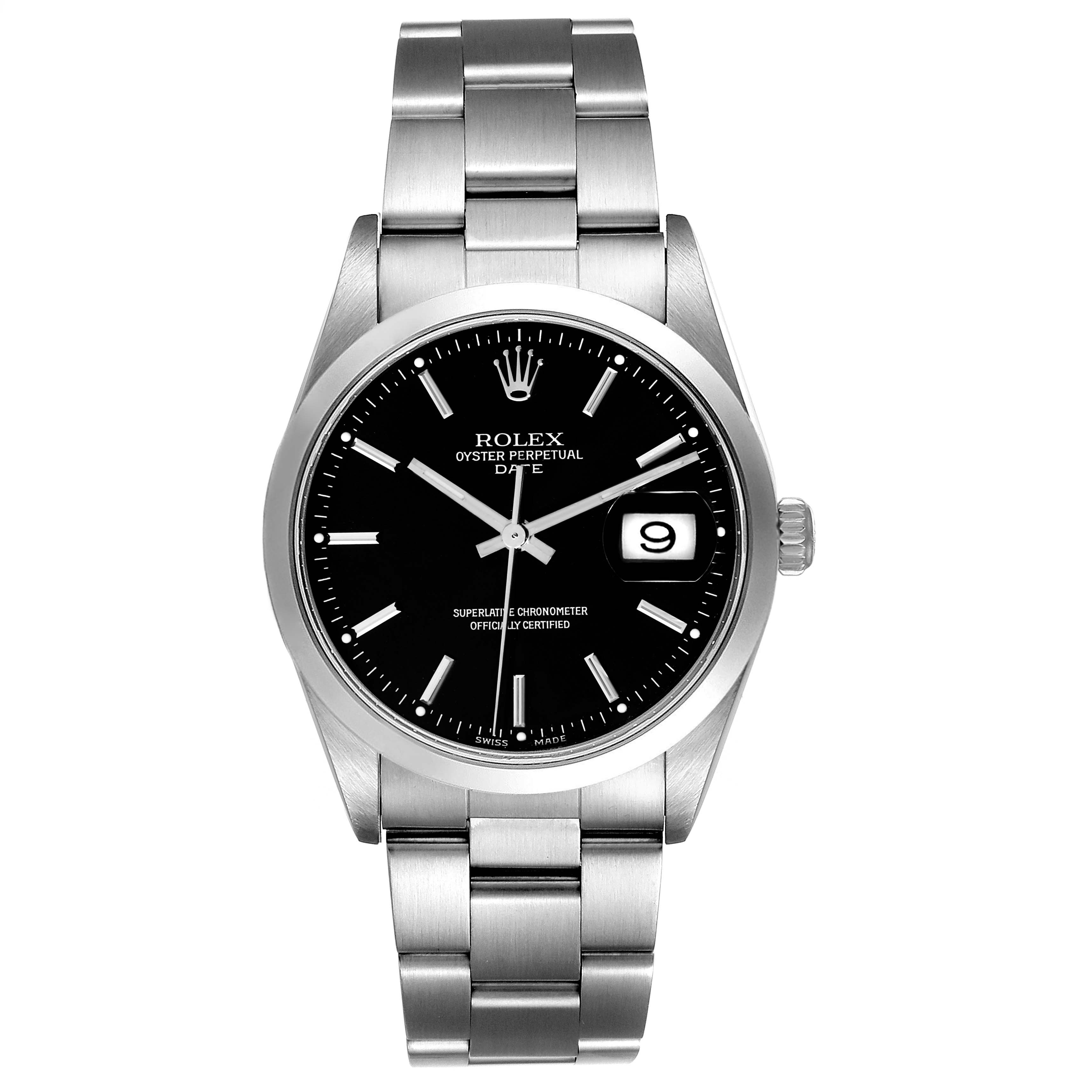 The image shows a front view of the Rolex Oyster Perpetual Date watch, featuring the dial, bezel, and bracelet.