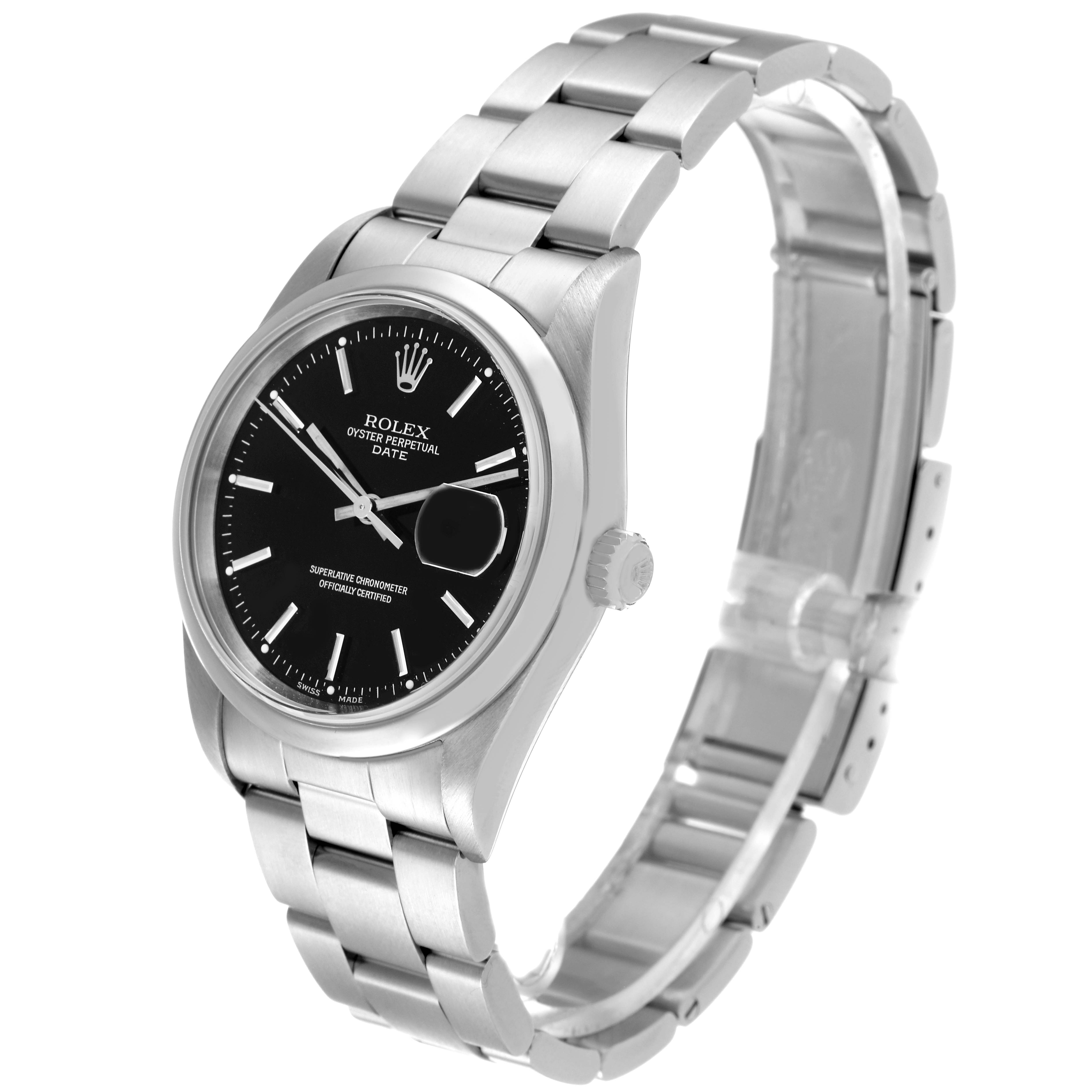 The watch is a Rolex Date 15200 Men's Stainless Steel Black Dial 15200 Men's Stainless Steel Black Dial, shown from an angled side view, highlighting its black dial, silver bracelet, and date magnifier.