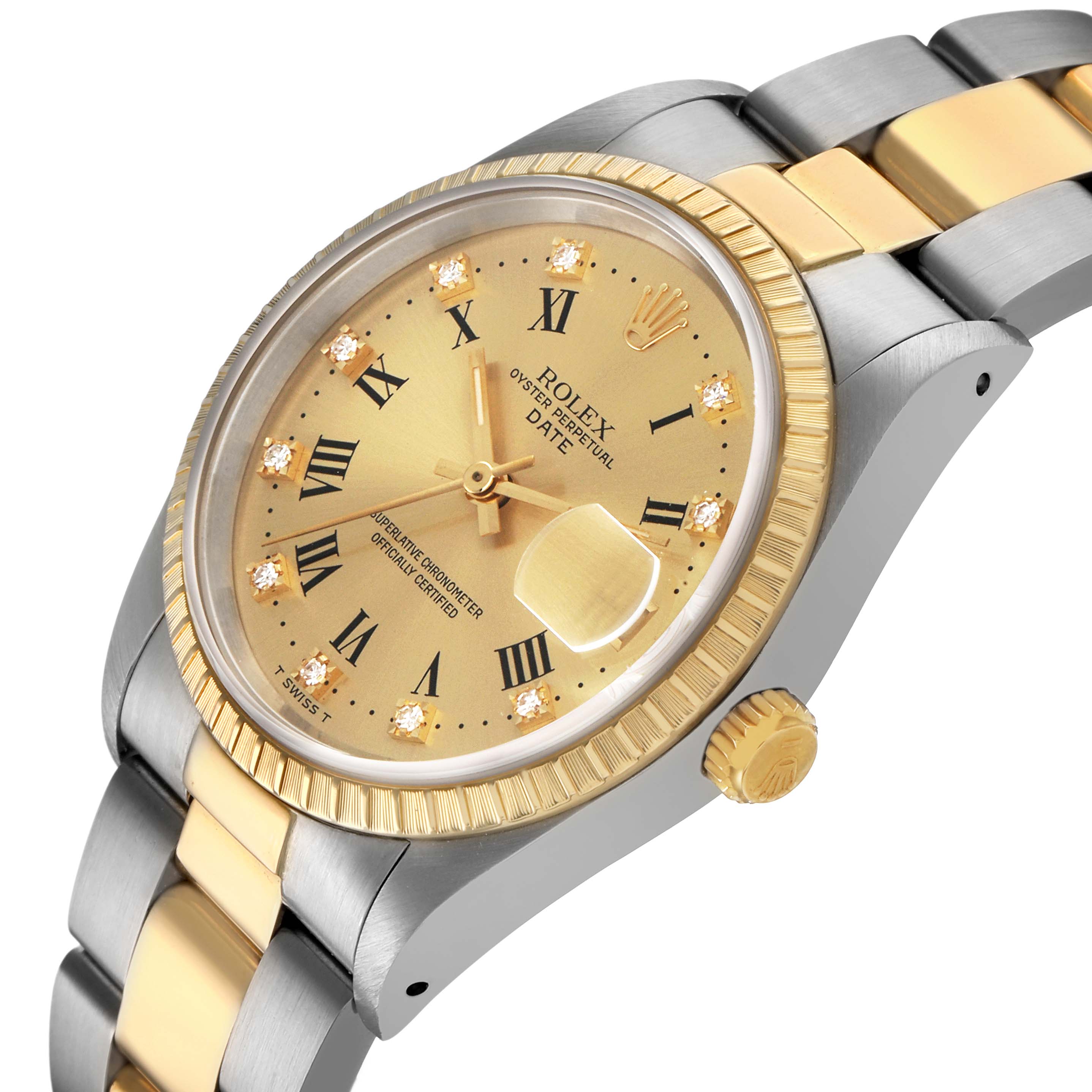 The Rolex Date 15223 Men's Steel and Gold (two tone) Champagne Dial model watch is shown at an angled view highlighting the dial, bezel, and bracelet.