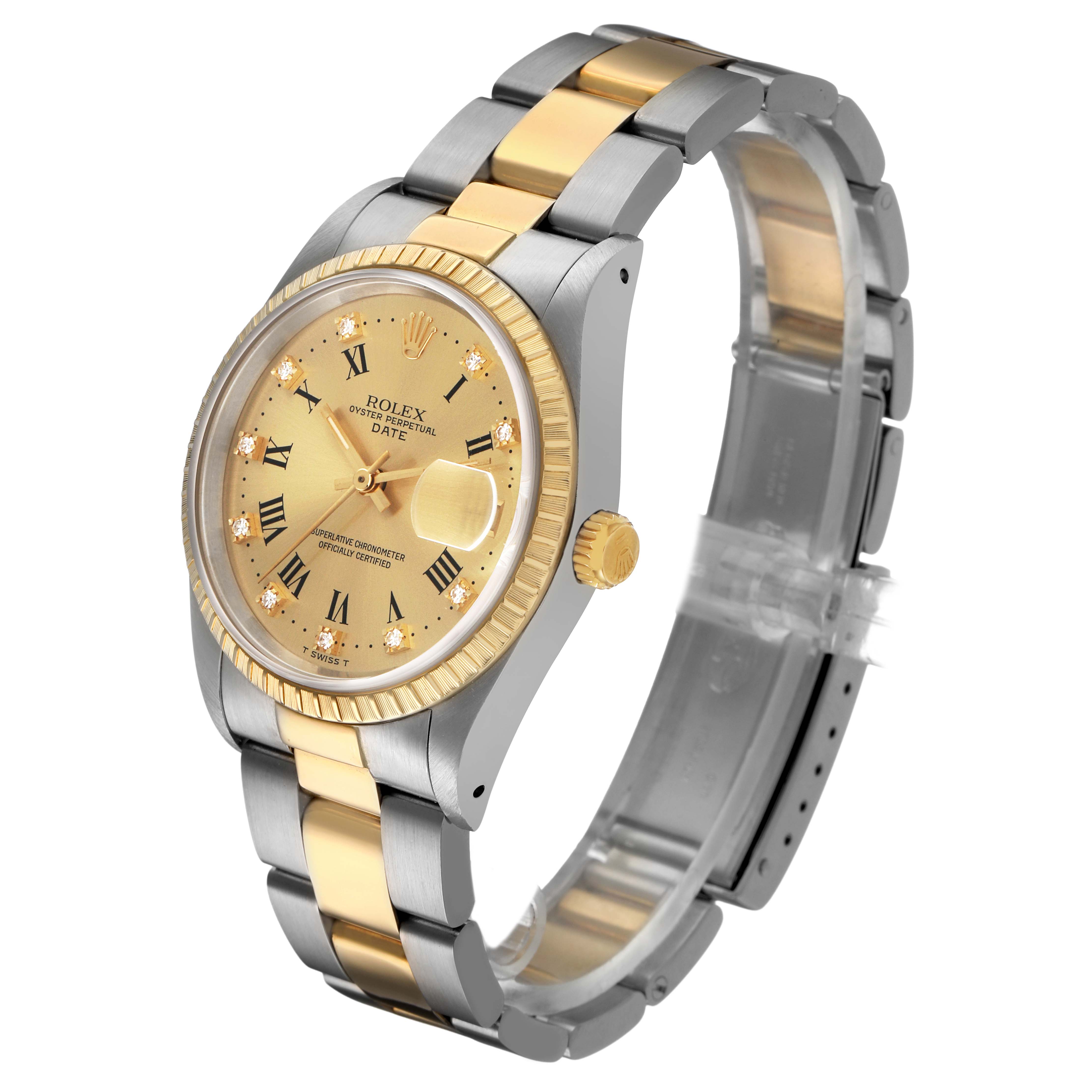 The Rolex Date 15223 Men's Steel and Gold (two tone) Champagne Dial model is shown at a three-quarter angle, highlighting its dual-tone bracelet, dial, and fluted bezel.