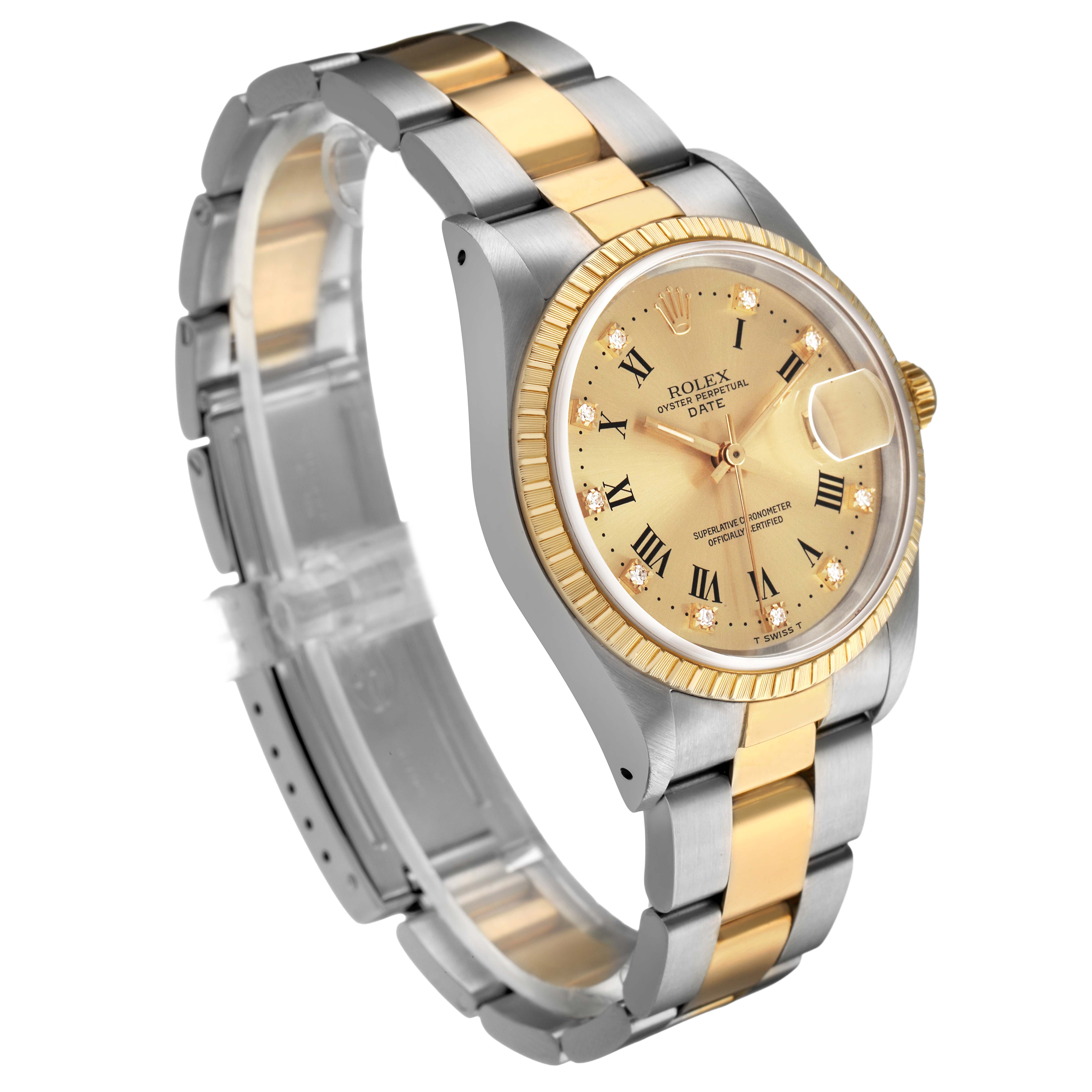 The image shows a Rolex Date 15223 Men's Steel and Gold (two tone) Champagne Dial watch at a three-quarter angle, highlighting its two-tone bracelet, gold dial, and fluted bezel.
