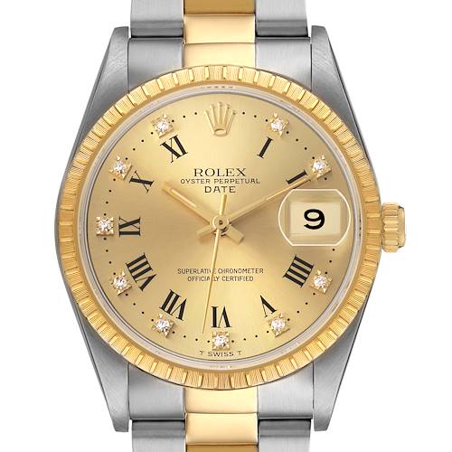 The Rolex Date 15223 Men's Steel and Gold (two tone) Champagne Dial model watch is shown from a front angle, highlighting the dial, hands, bezel, and part of the bracelet.