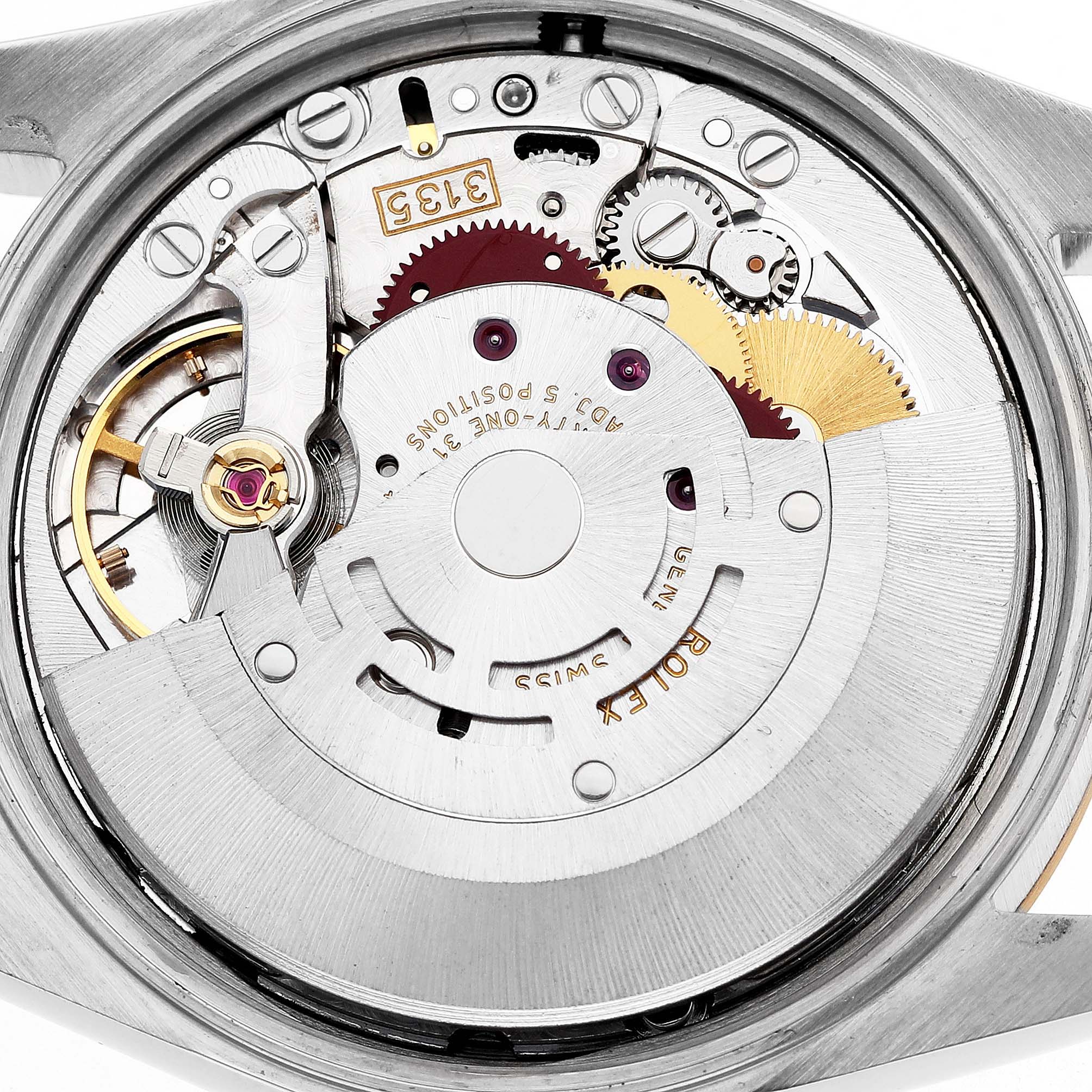 The image shows the movement of a Rolex Date 15223 Men's Steel and Gold (two tone) Champagne Dial watch, focusing on its gears and rotor from a top-down angle.
