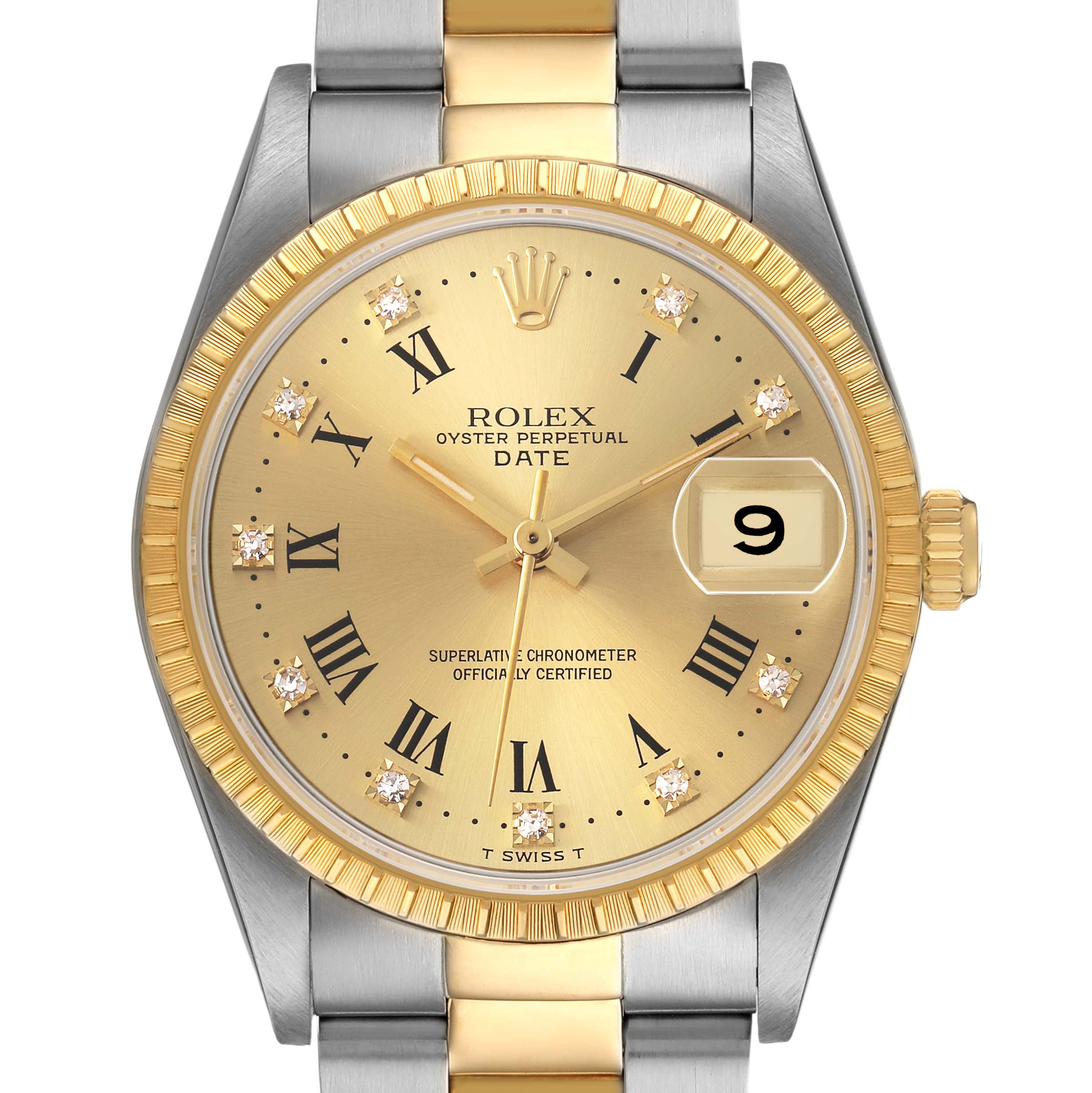 The Rolex Date 15223 Men's Steel and Gold (two tone) Champagne Dial watch is shown from the front, displaying its dial, bezel, and part of the bracelet.