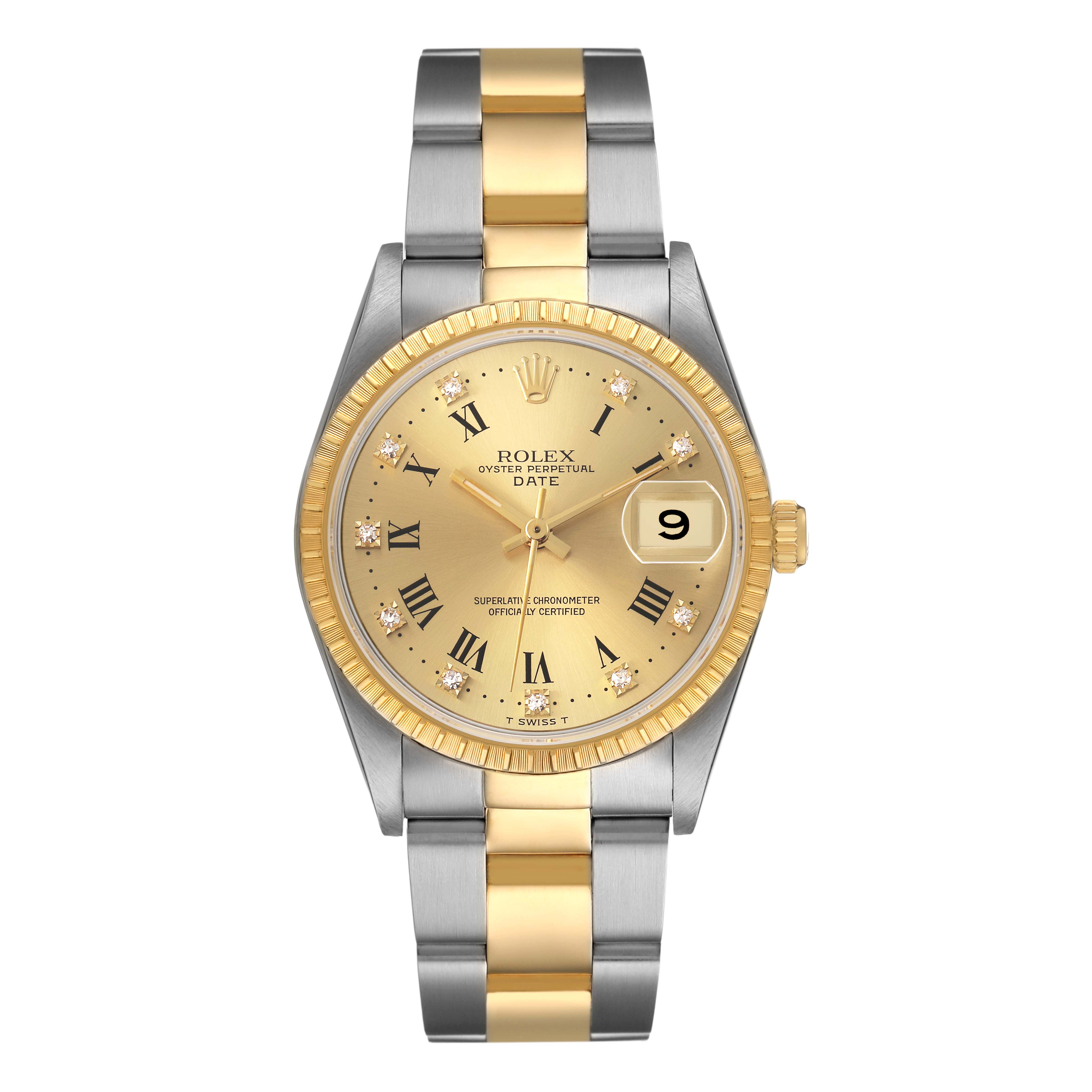 The Rolex Date 15223 Men's Steel and Gold (two tone) Champagne Dial watch is shown from a top view, featuring a two-tone band, gold dial, Roman numerals, and date window.