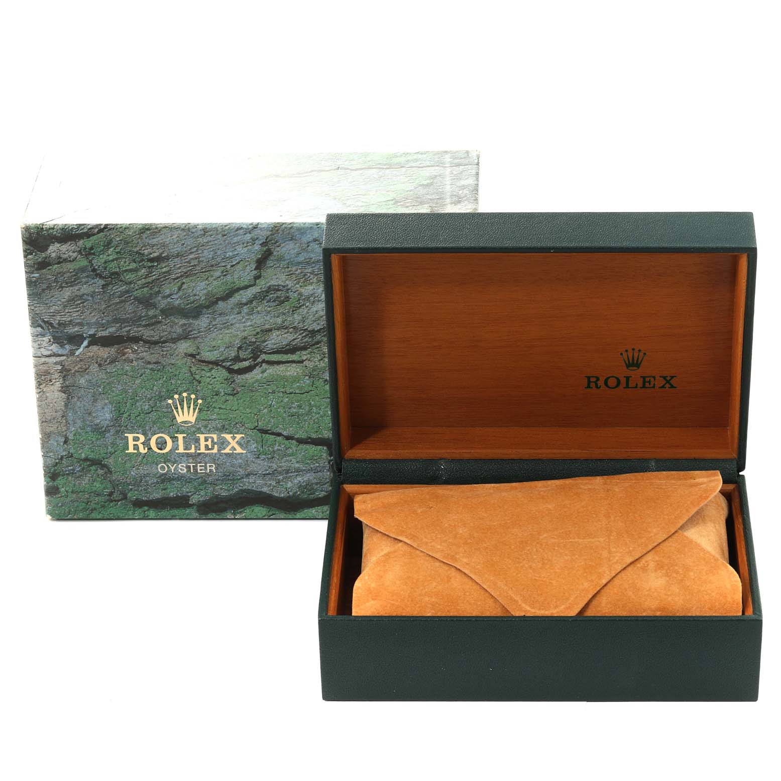 This is a Rolex Date 15210 Men
s Stainless Steel Silver Dial 15210 Men
s Stainless Steel Silver Dial model watch box and packaging, showing an open box with a cushion inside and an outer sleeve.