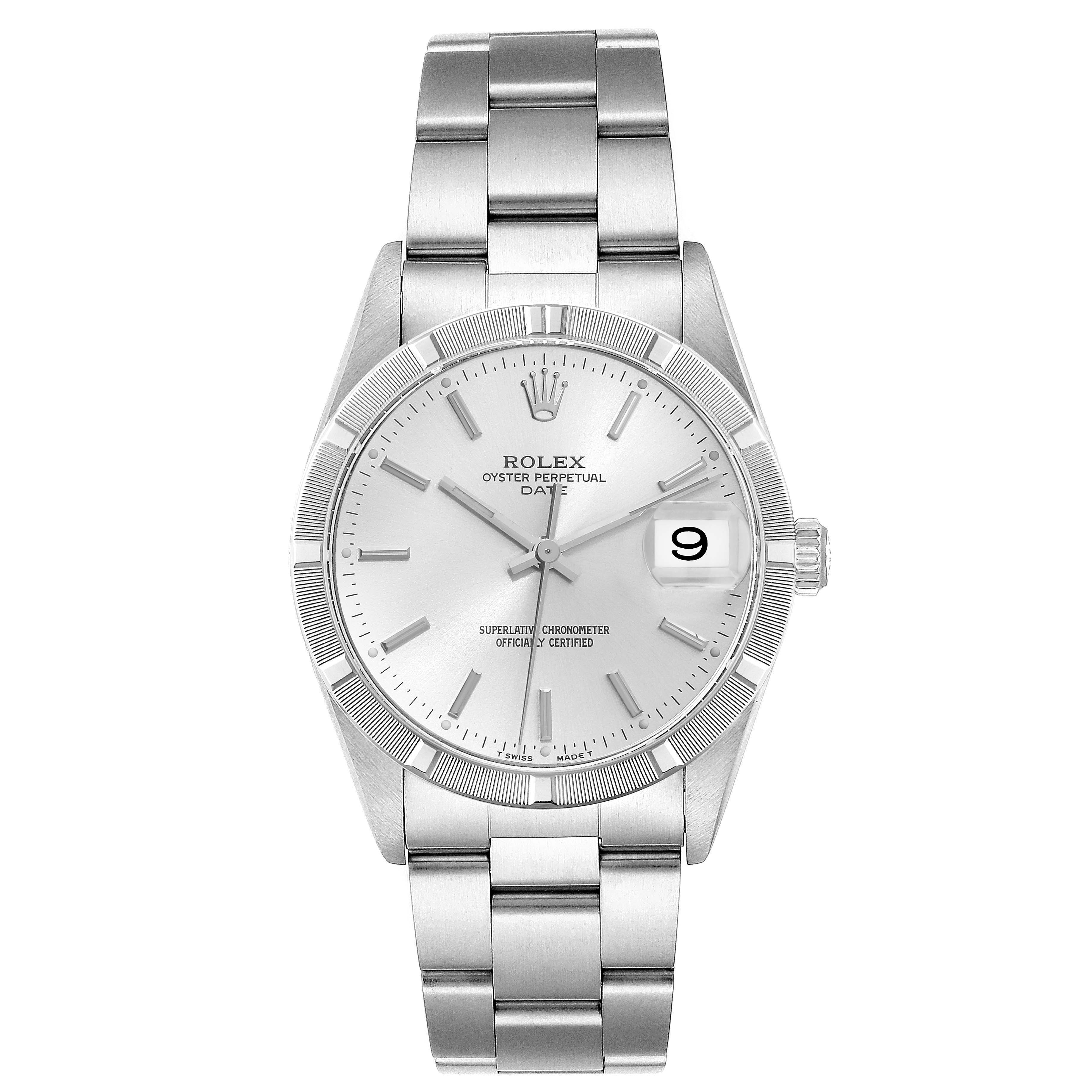 The Rolex Date 15210 Men
s Stainless Steel Silver Dial 15210 Men
s Stainless Steel Silver Dial model watch is shown from a front angle displaying the dial, hands, case, bezel, and bracelet.
